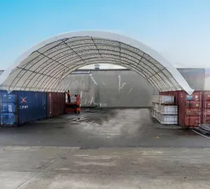 Mytee Products 40'(L) x 60'(W) Double Truss Shipping Container Canopy Shelter - 610 GDM PVC White Cover Storage Container Roof with No End Walls - Durable & UV-Resistant
