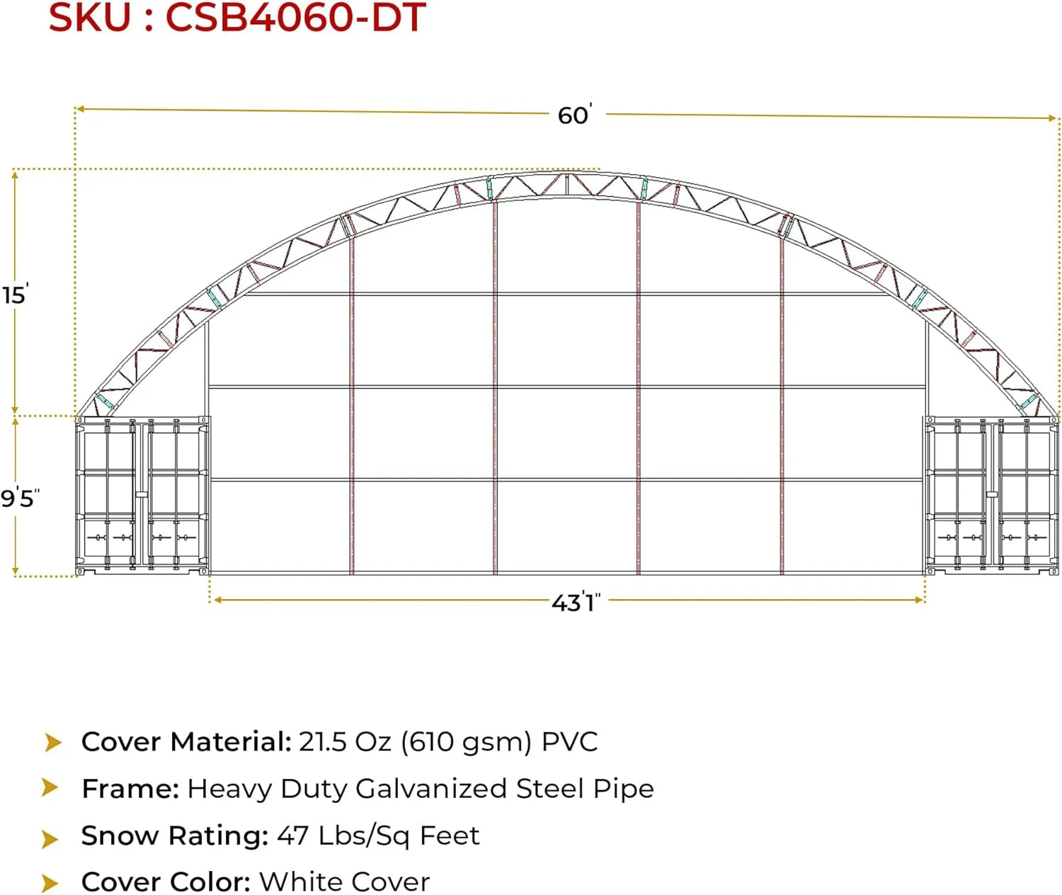 Mytee Products 40'(L) x 60'(W) Double Truss Shipping Container Canopy Shelter - 610 GDM PVC White Cover Storage Container Roof with No End Walls - Durable & UV-Resistant