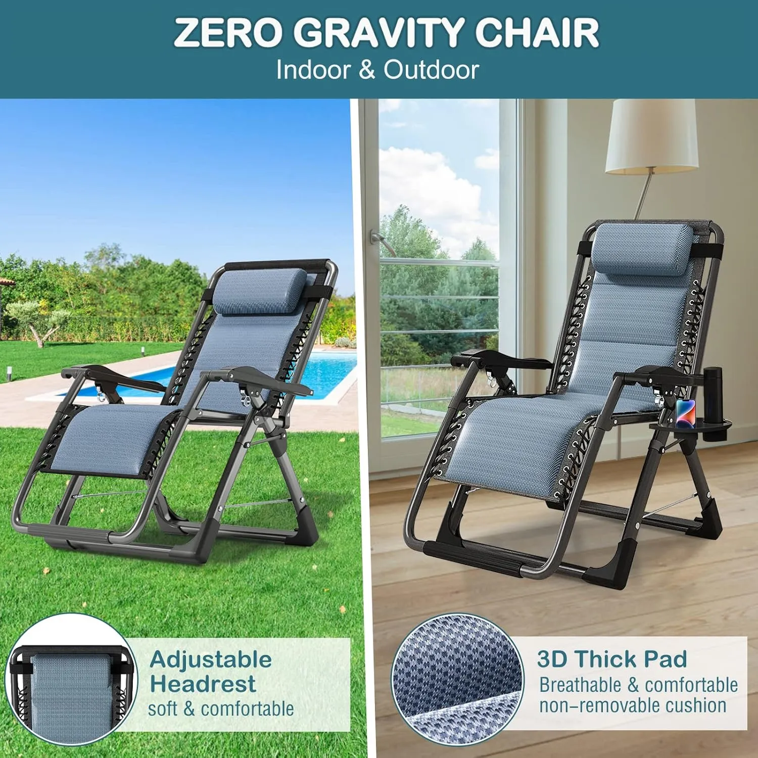 NAIZEA Lounge Chair Ice Touch Silk Zero Gravity Chair, Folding Adjustable Ice Touch Silk Reclining Patio Chairs with Cup Holder, Ergonomic Patio Recliner Chairs for Indoor and Outdoor