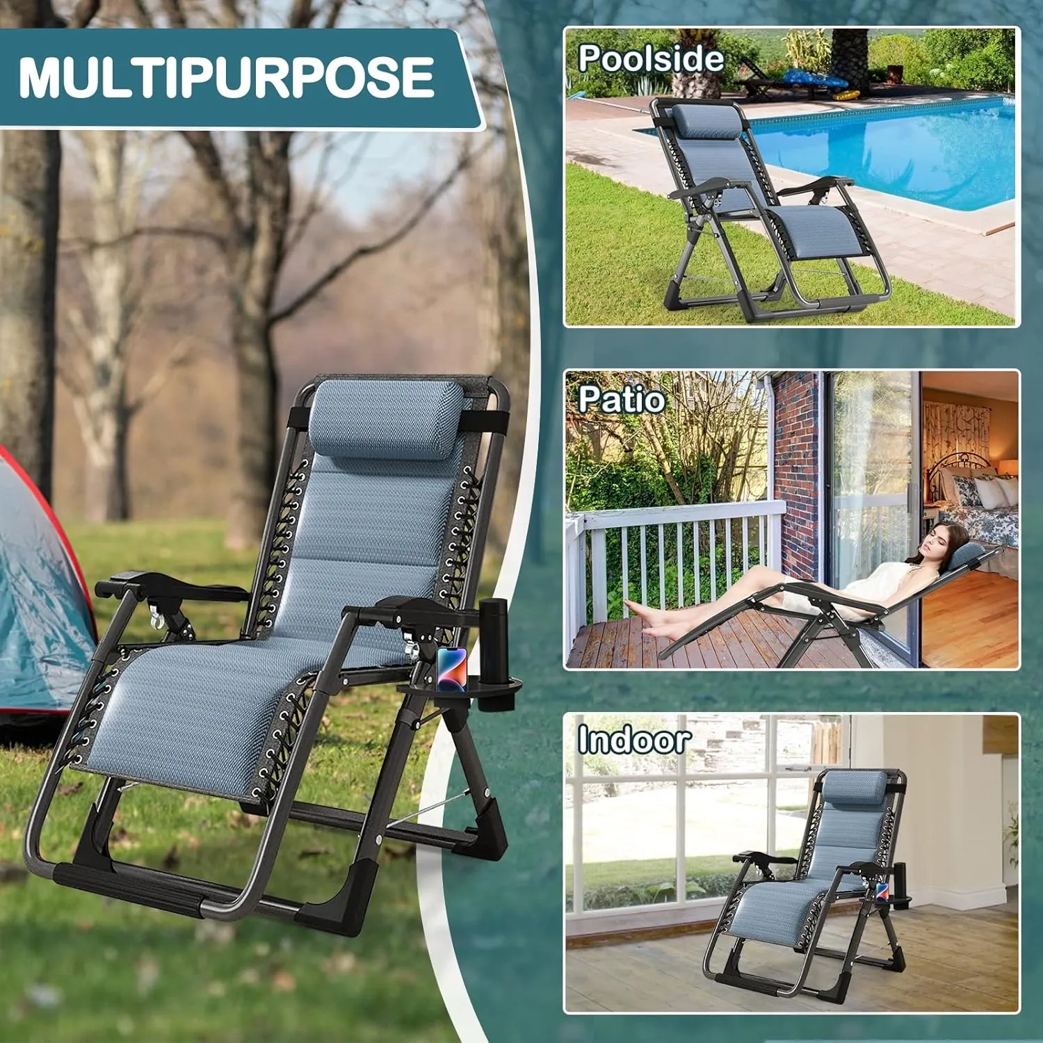 NAIZEA Lounge Chair Ice Touch Silk Zero Gravity Chair, Folding Adjustable Ice Touch Silk Reclining Patio Chairs with Cup Holder, Ergonomic Patio Recliner Chairs for Indoor and Outdoor