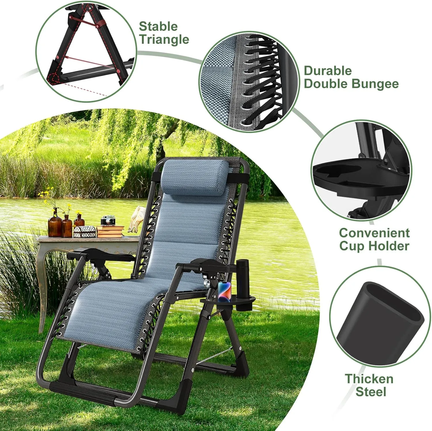 NAIZEA Lounge Chair Ice Touch Silk Zero Gravity Chair, Folding Adjustable Ice Touch Silk Reclining Patio Chairs with Cup Holder, Ergonomic Patio Recliner Chairs for Indoor and Outdoor
