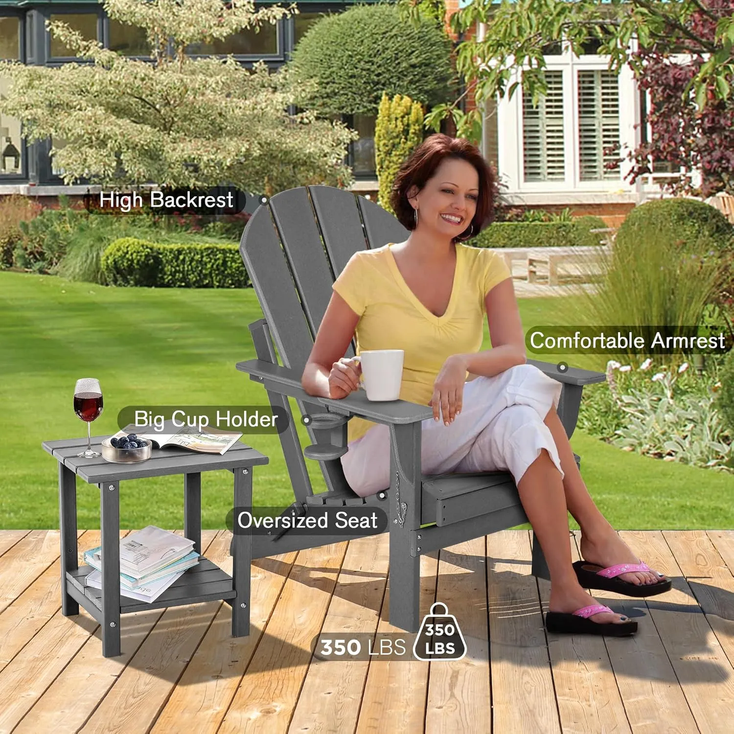 nalone Folding Adirondack Chair with Cushion with Cup Holder, HDPE Plastic Oversized Patio Chair Weather Resistant, Used in Outdoor, Fire Pit, Deck, Outside, Garden, Campfire Chairs (Grey)