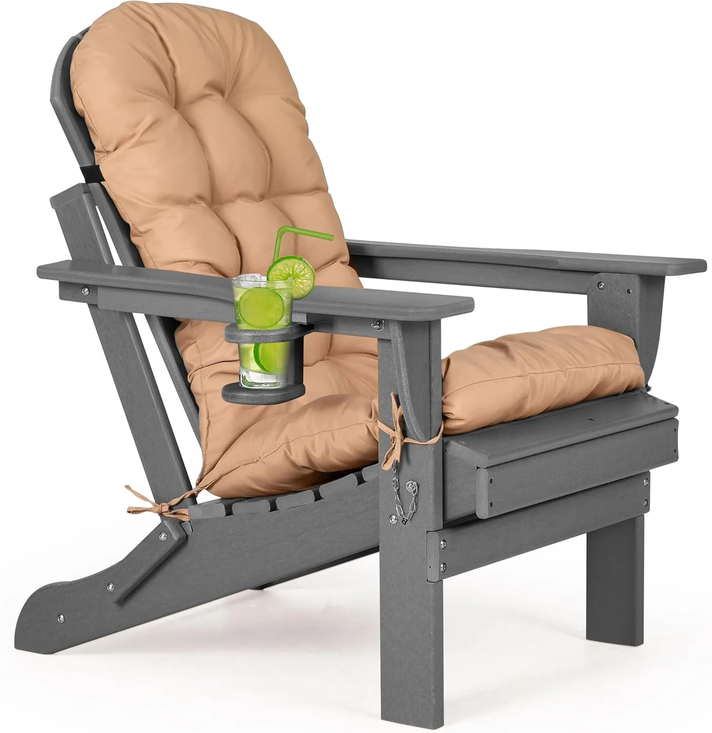 nalone Folding Adirondack Chair with Cushion with Cup Holder, HDPE Plastic Oversized Patio Chair Weather Resistant, Used in Outdoor, Fire Pit, Deck, Outside, Garden, Campfire Chairs (Grey)