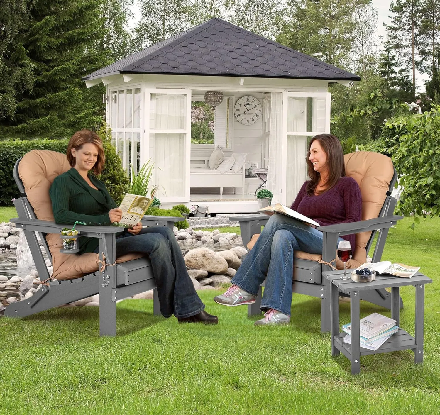 nalone Folding Adirondack Chair with Cushion with Cup Holder, HDPE Plastic Oversized Patio Chair Weather Resistant, Used in Outdoor, Fire Pit, Deck, Outside, Garden, Campfire Chairs (Grey)