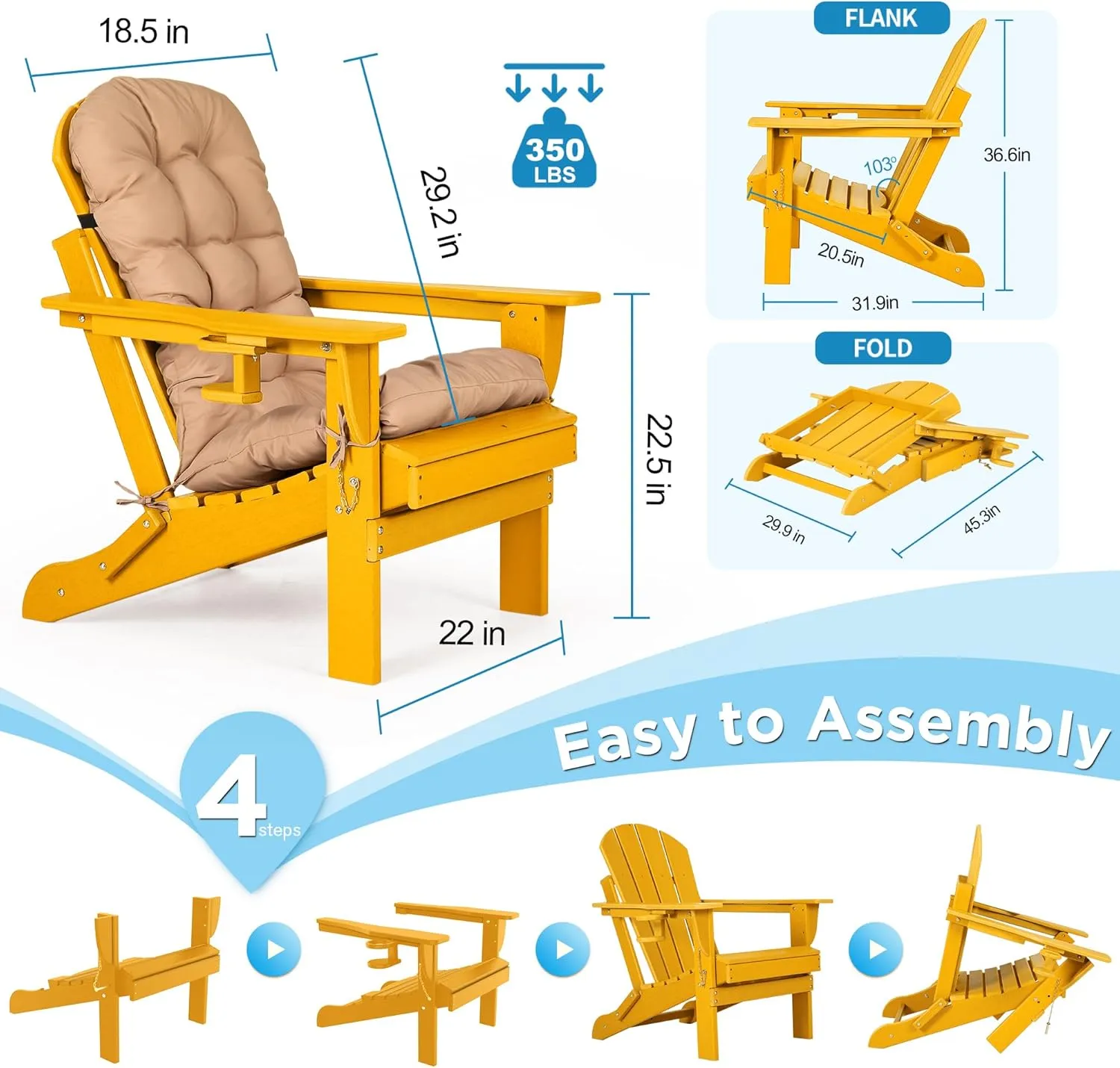 nalone Folding Adirondack Chairs Set of 2 with Cushion with Cup Holder, HDPE Plastic Oversized Patio Chair Weather Resistant, Used in Outdoor, Fire Pit, Deck, Garden, Campfire Chairs (Orange)