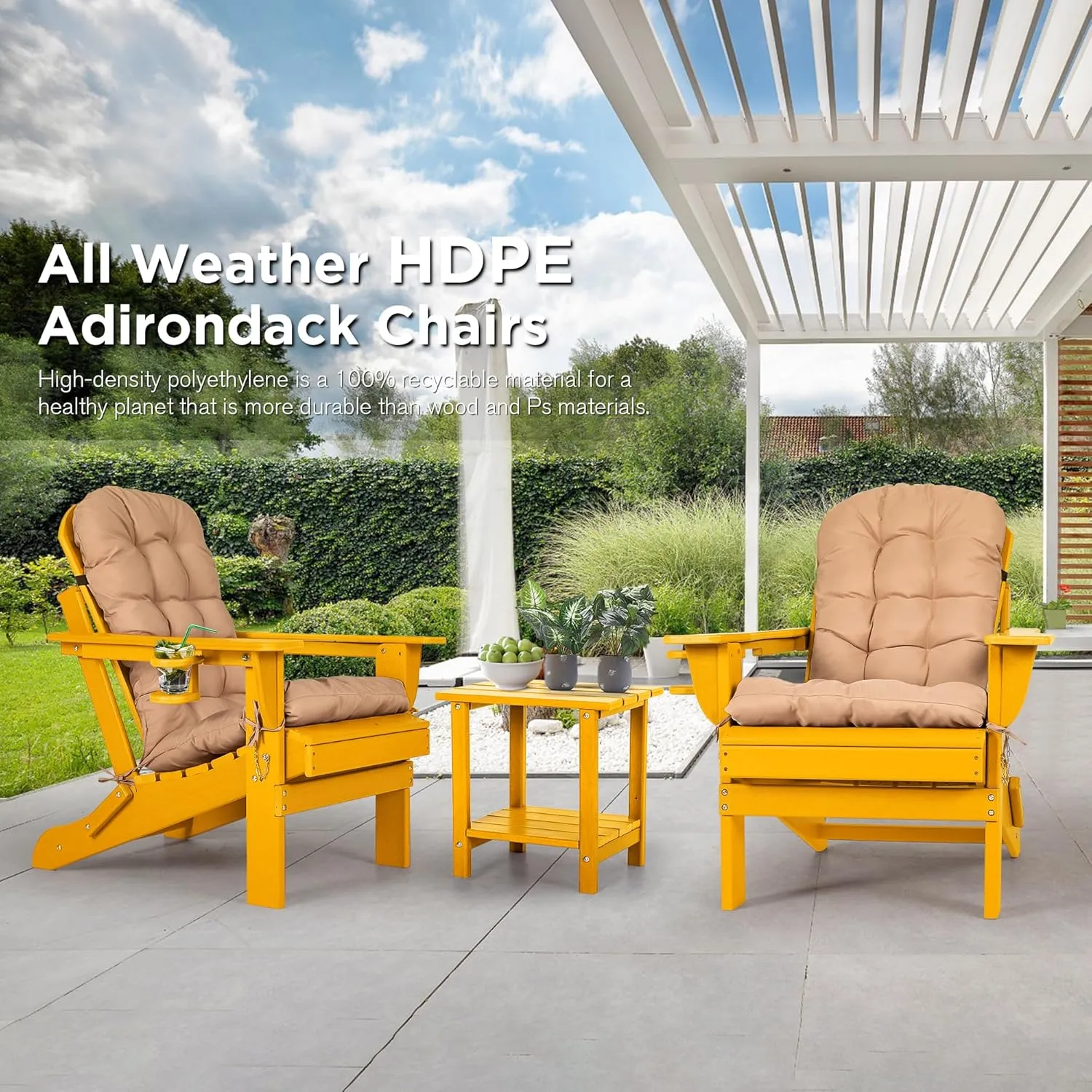 nalone Folding Adirondack Chairs Set of 2 with Cushion with Cup Holder, HDPE Plastic Oversized Patio Chair Weather Resistant, Used in Outdoor, Fire Pit, Deck, Garden, Campfire Chairs (Orange)