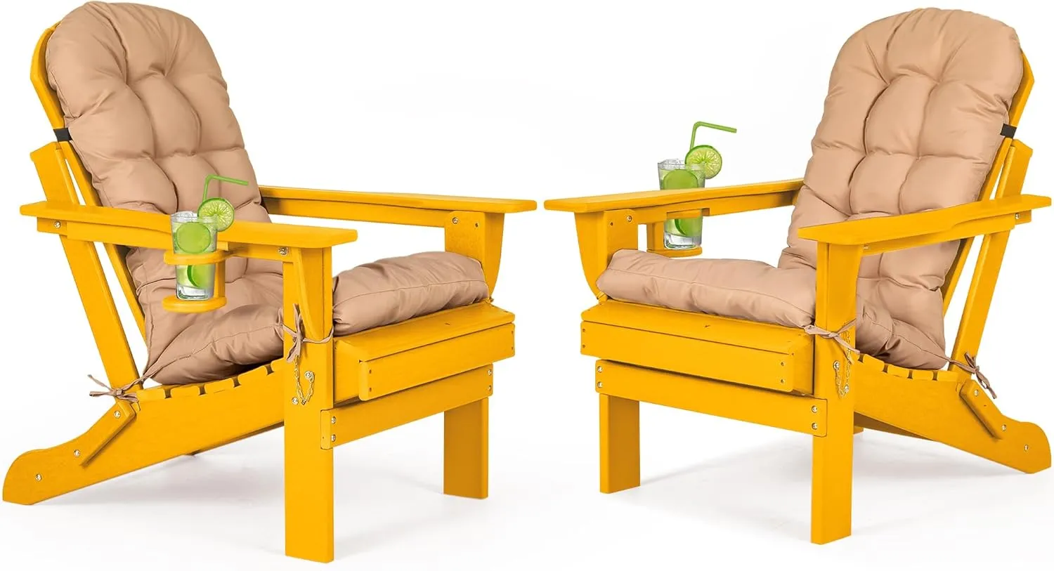 nalone Folding Adirondack Chairs Set of 2 with Cushion with Cup Holder, HDPE Plastic Oversized Patio Chair Weather Resistant, Used in Outdoor, Fire Pit, Deck, Garden, Campfire Chairs (Orange)