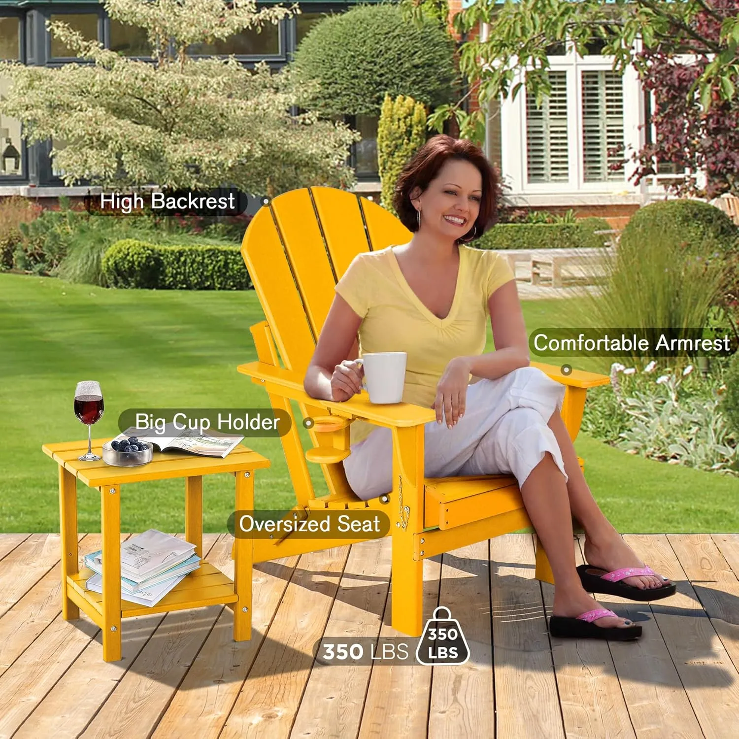 nalone Folding Adirondack Chairs Set of 2 with Cushion with Cup Holder, HDPE Plastic Oversized Patio Chair Weather Resistant, Used in Outdoor, Fire Pit, Deck, Garden, Campfire Chairs (Orange)