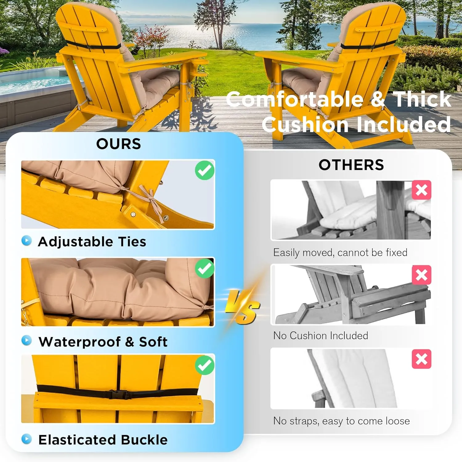 nalone Folding Adirondack Chairs Set of 2 with Cushion with Cup Holder, HDPE Plastic Oversized Patio Chair Weather Resistant, Used in Outdoor, Fire Pit, Deck, Garden, Campfire Chairs (Orange)