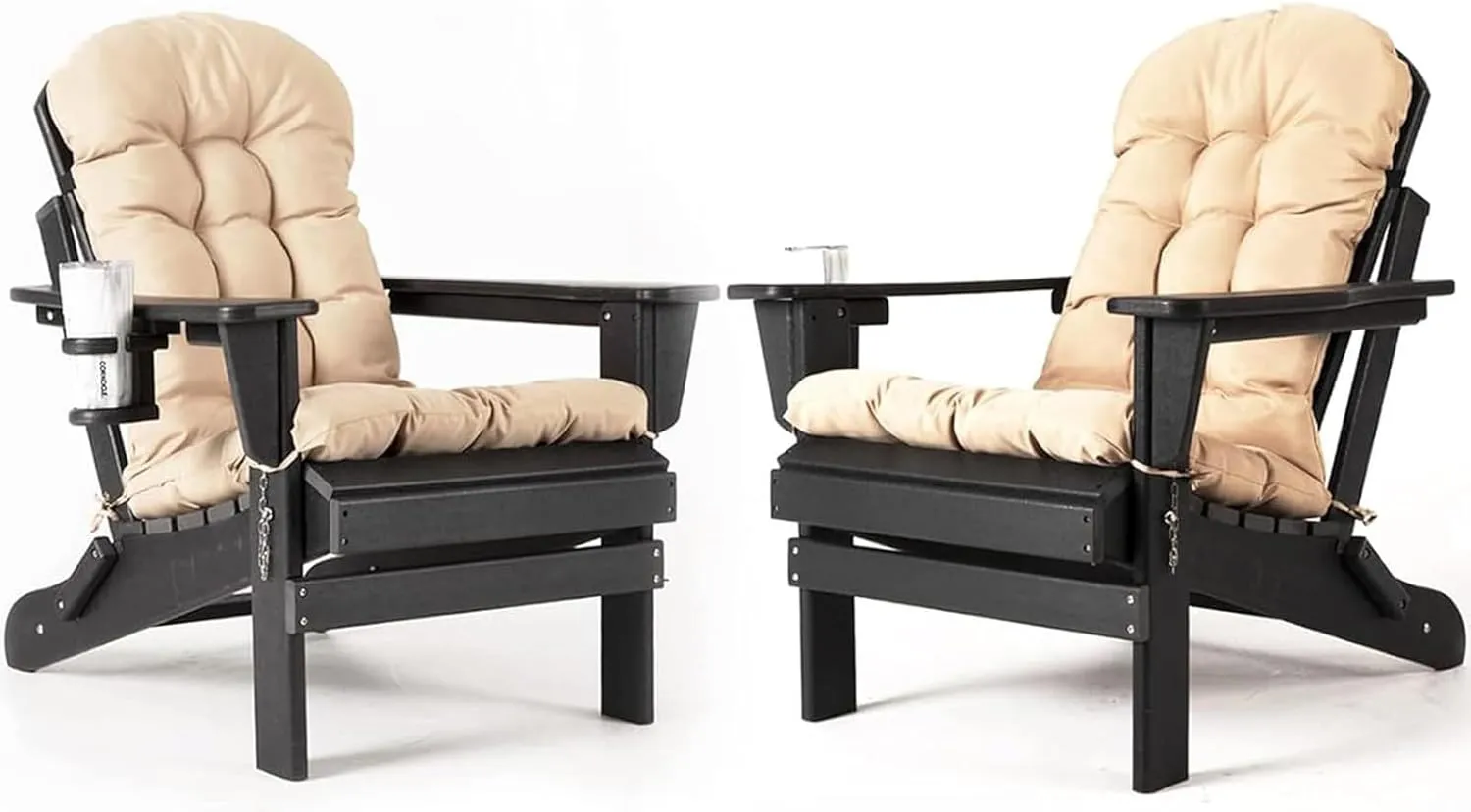 nalone Folding Adirondack Chairs Set of 2 with Cushions and Cup Holder, HDPE Plastic Oversized Patio Chair Weather Resistant, Used in Outdoor, Fire Pit, Deck, Garden, Campfire Chairs (Black)
