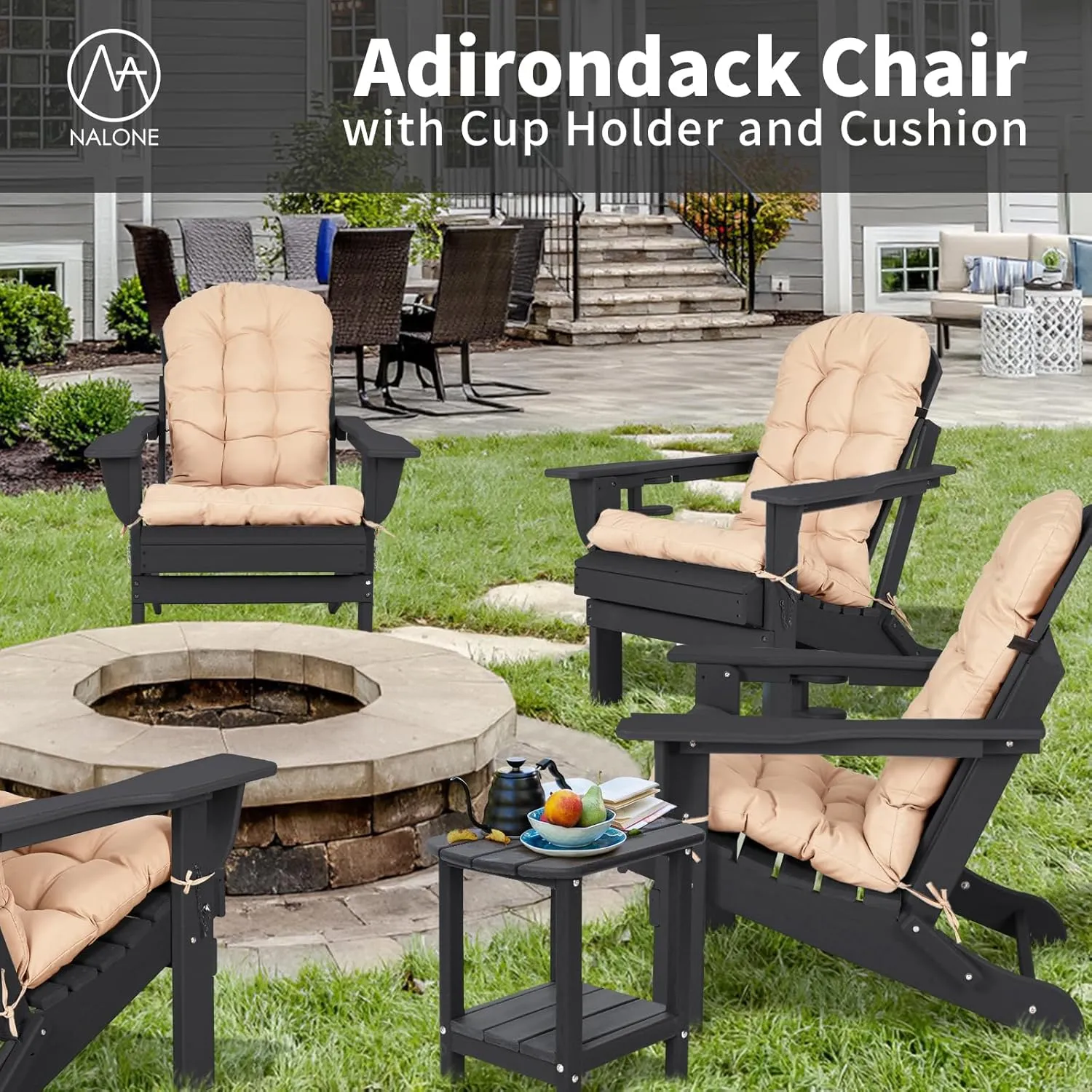 nalone Folding Adirondack Chairs Set of 2 with Cushions and Cup Holder, HDPE Plastic Oversized Patio Chair Weather Resistant, Used in Outdoor, Fire Pit, Deck, Garden, Campfire Chairs (Black)