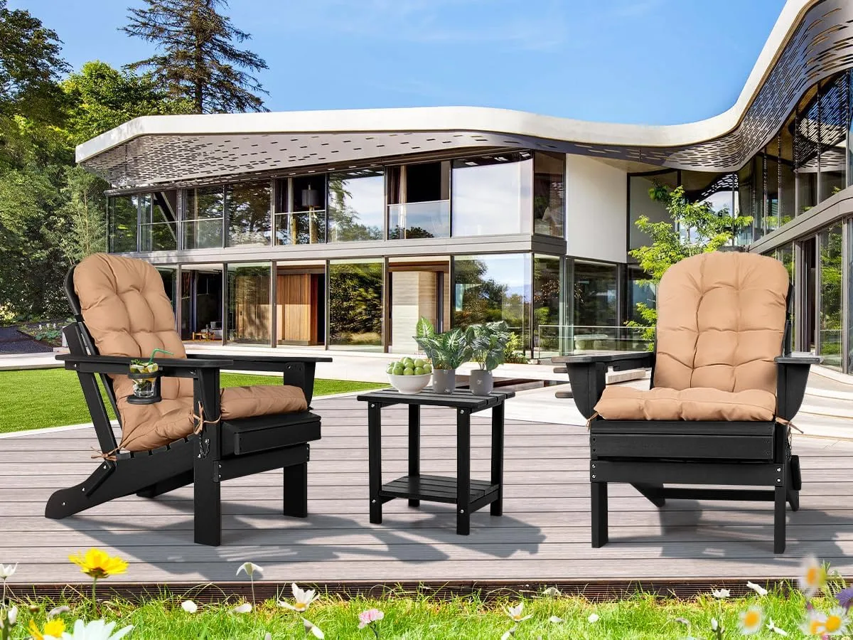 nalone Folding Adirondack Chairs Set of 2 with Cushions and Cup Holder, HDPE Plastic Oversized Patio Chair Weather Resistant, Used in Outdoor, Fire Pit, Deck, Garden, Campfire Chairs (Black)