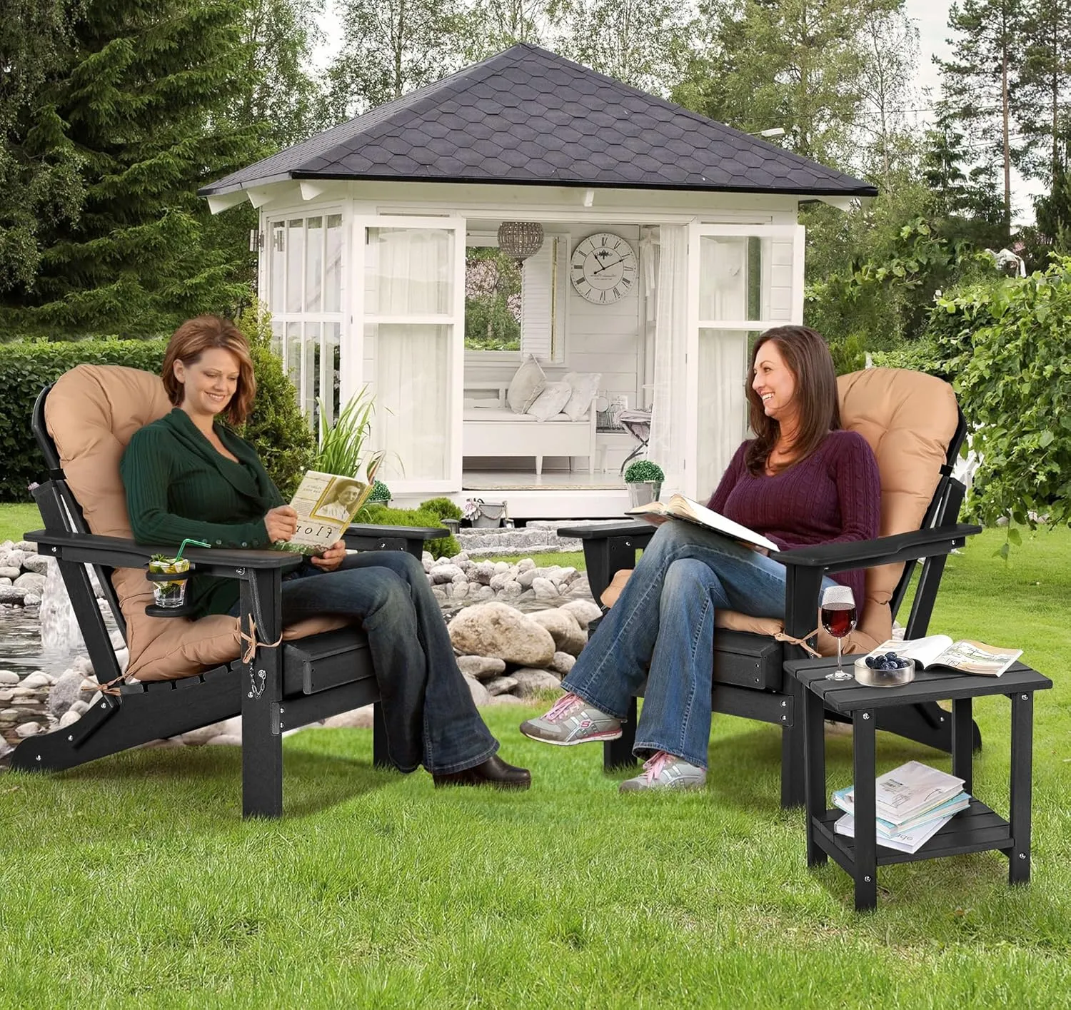 nalone Folding Adirondack Chairs Set of 2 with Cushions and Cup Holder, HDPE Plastic Oversized Patio Chair Weather Resistant, Used in Outdoor, Fire Pit, Deck, Garden, Campfire Chairs (Black)