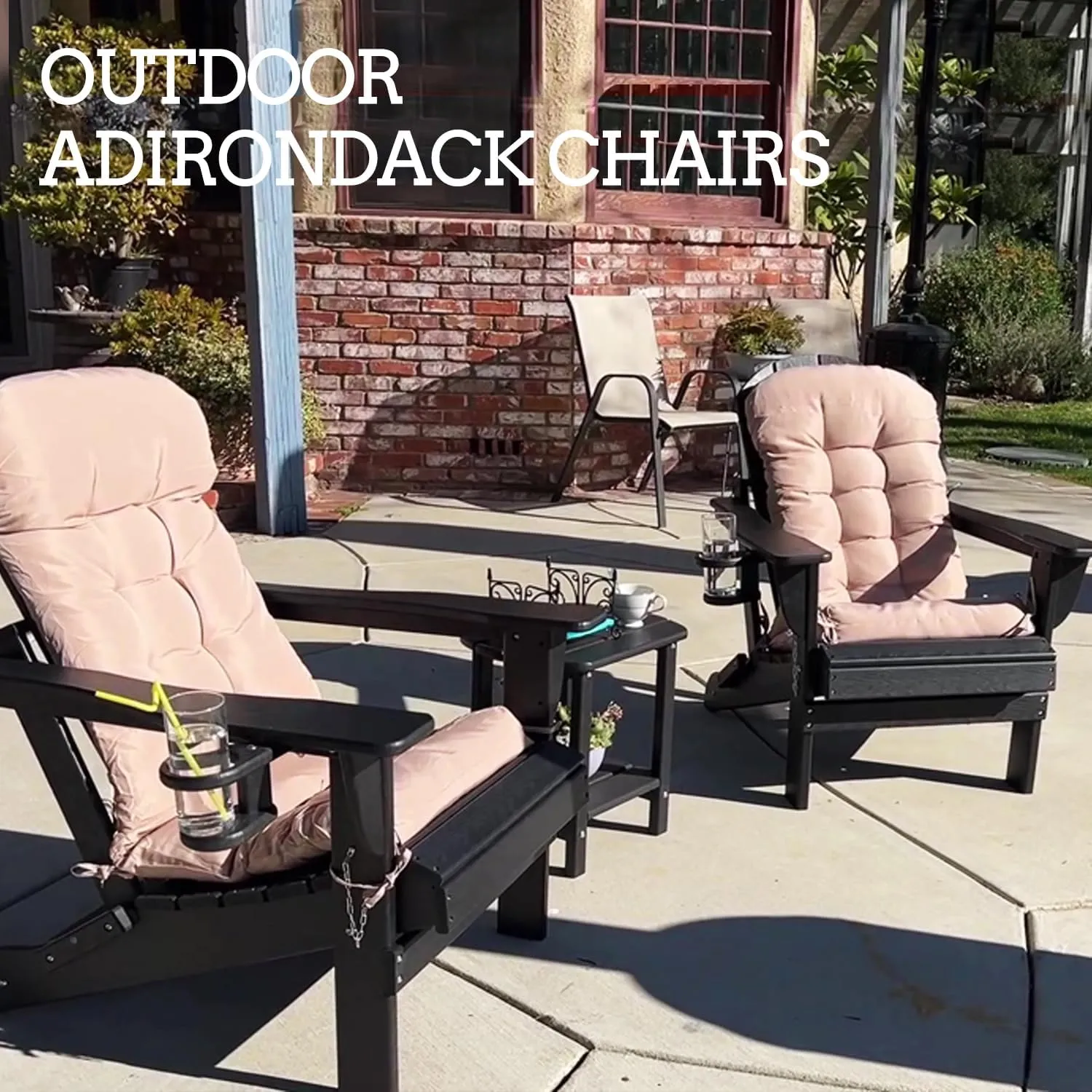 nalone Folding Adirondack Chairs Set of 2 with Cushions and Cup Holder, HDPE Plastic Oversized Patio Chair Weather Resistant, Used in Outdoor, Fire Pit, Deck, Garden, Campfire Chairs (Black)