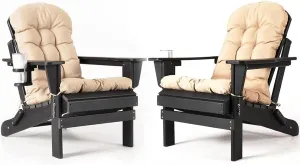 nalone Folding Adirondack Chairs Set of 2 with Cushions and Cup Holder, HDPE Plastic Oversized Patio Chair Weather Resistant, Used in Outdoor, Fire Pit, Deck, Garden, Campfire Chairs (Black)