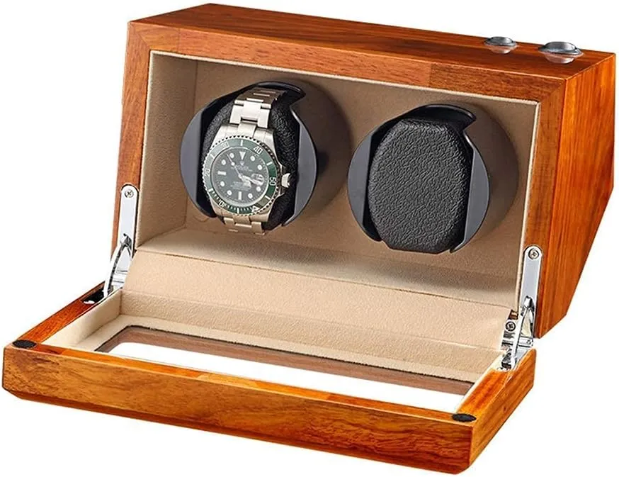 Natural Solid Wood Double Watch Winder Box for 2 Automatic Watches Flexible Watch Pillow 5 Rotation Mode
