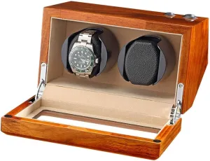 Natural Solid Wood Double Watch Winder Box For 2 Automatic Watches Flexible Watch Pillow 5 Rotation Mode,Beige
