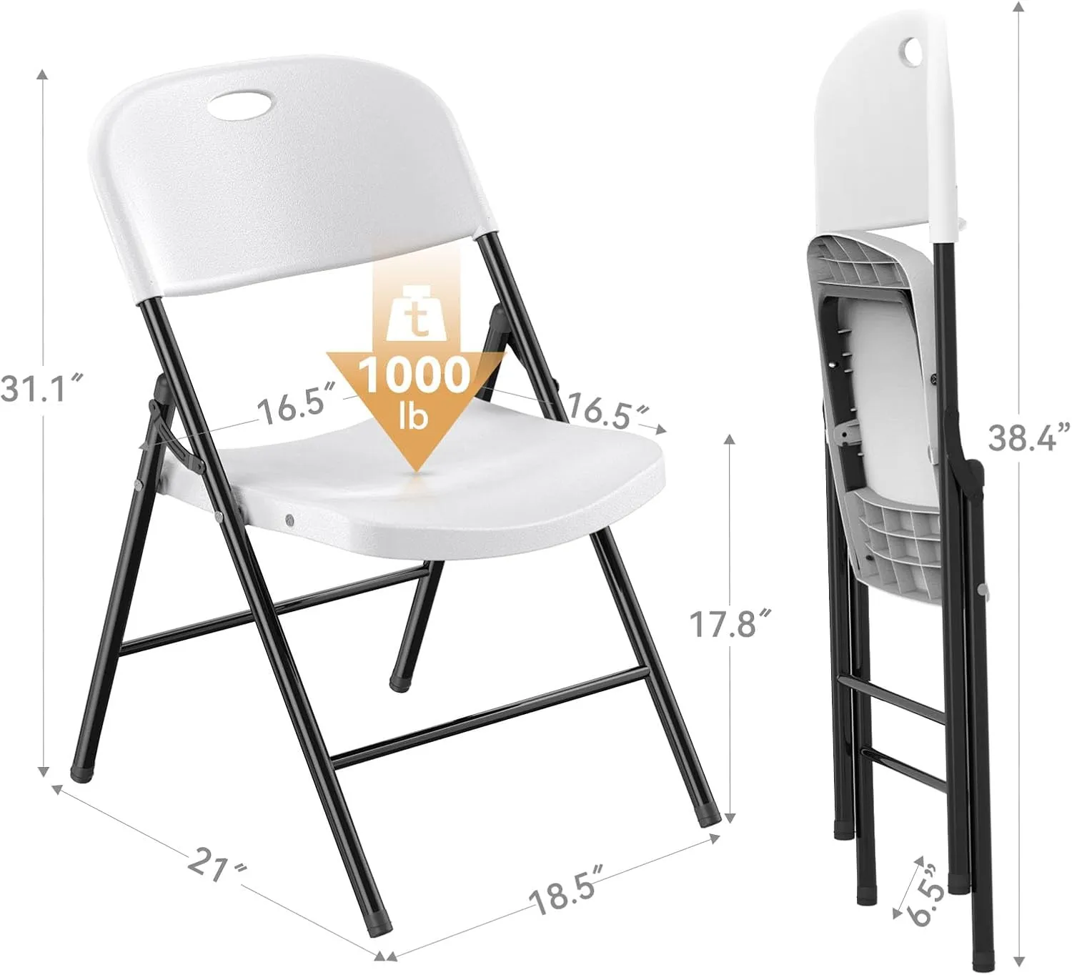 Nazhura 650 Weight Limit Heavy Duty Plastic Folding Chair with Reinfoced Steel Frame for Indoor and Outdoor, Wedding, Party, Restaurant, Meeting Room, Patio and Garden (White, 6 Pack)