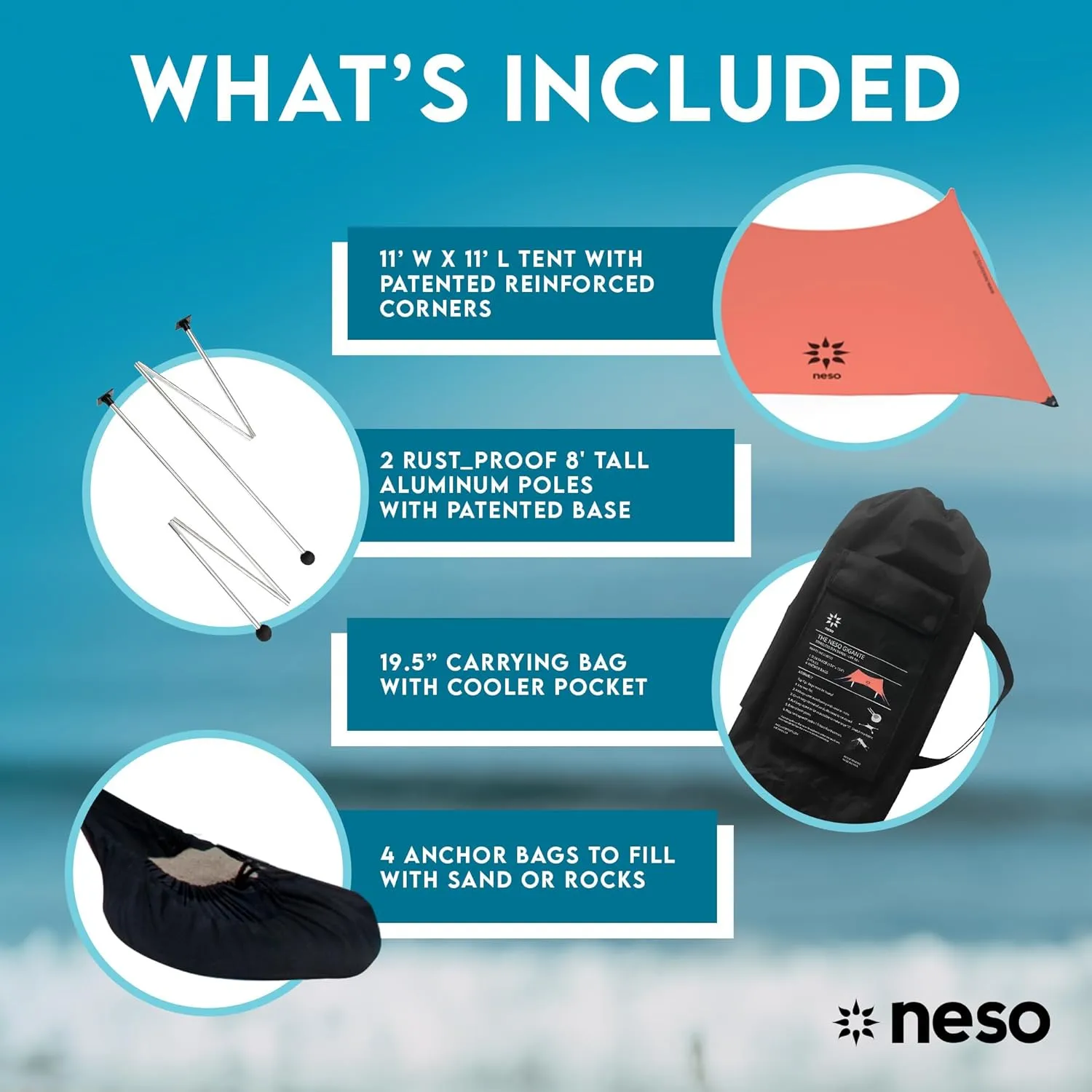 Neso Gigante - Portable Beach Tent - Ideal to Enjoy with Family and Friends - UPF 50 , Water-Resistant, and Lightweight - Coral, 11' x 11'
