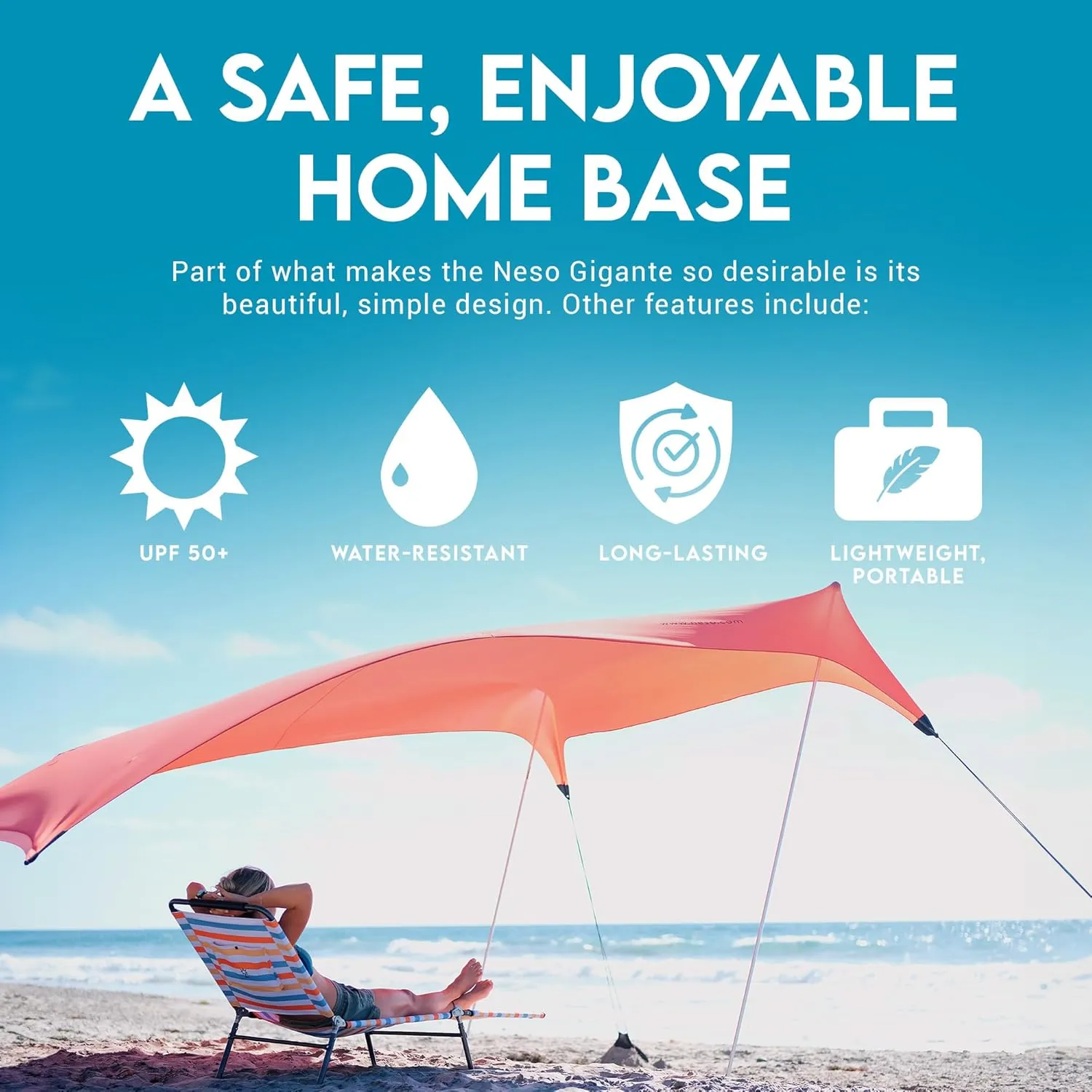 Neso Gigante - Portable Beach Tent - Ideal to Enjoy with Family and Friends - UPF 50 , Water-Resistant, and Lightweight - Coral, 11' x 11'