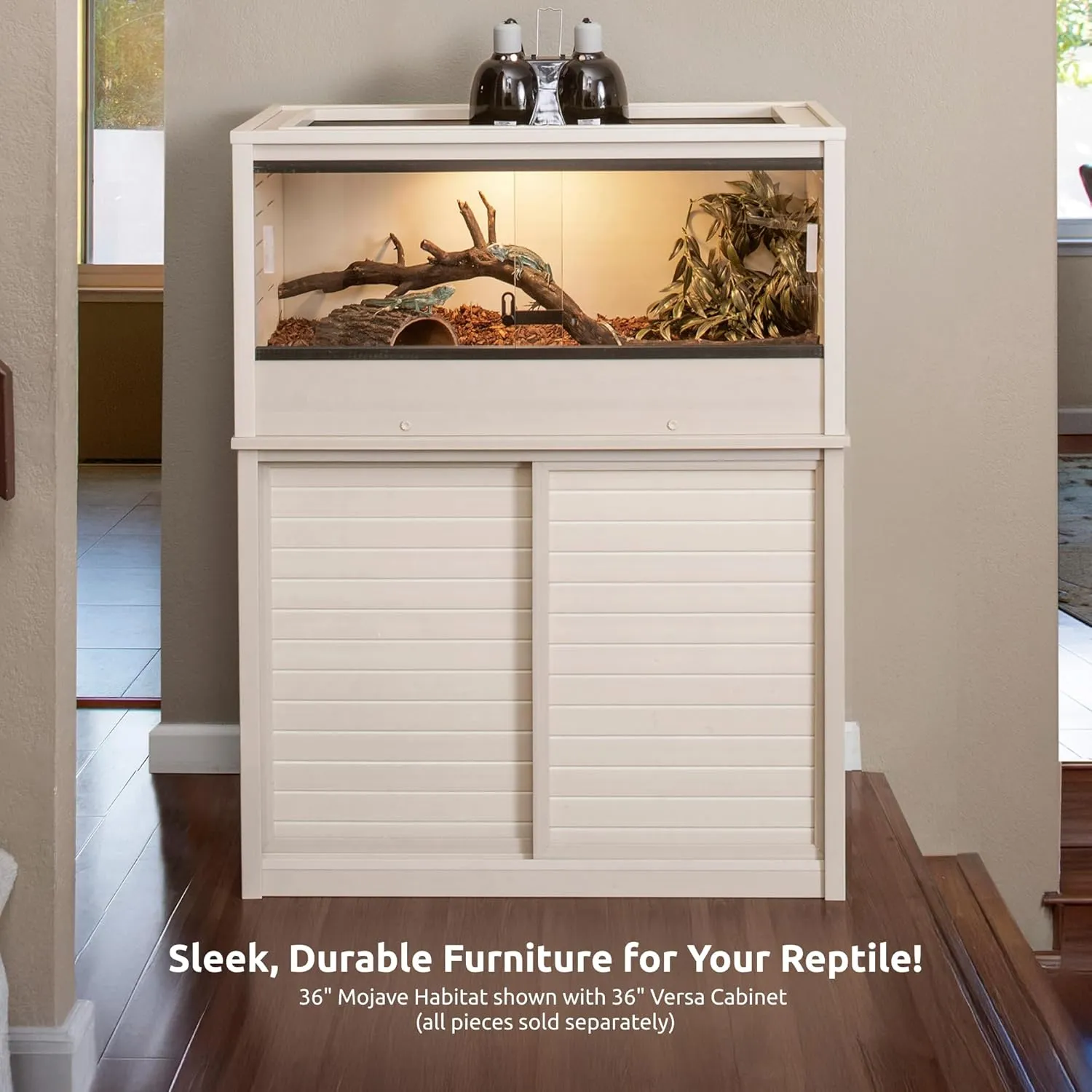 New Age Pet ECOFLEX 36" Mojave Reptile Lounge -Durable Wood Plastic Composite Habitat with Ventilation, Removable Glass Doors & Lock, Easy Assembly, for Tortoises, Snakes, Iguanas, Tan