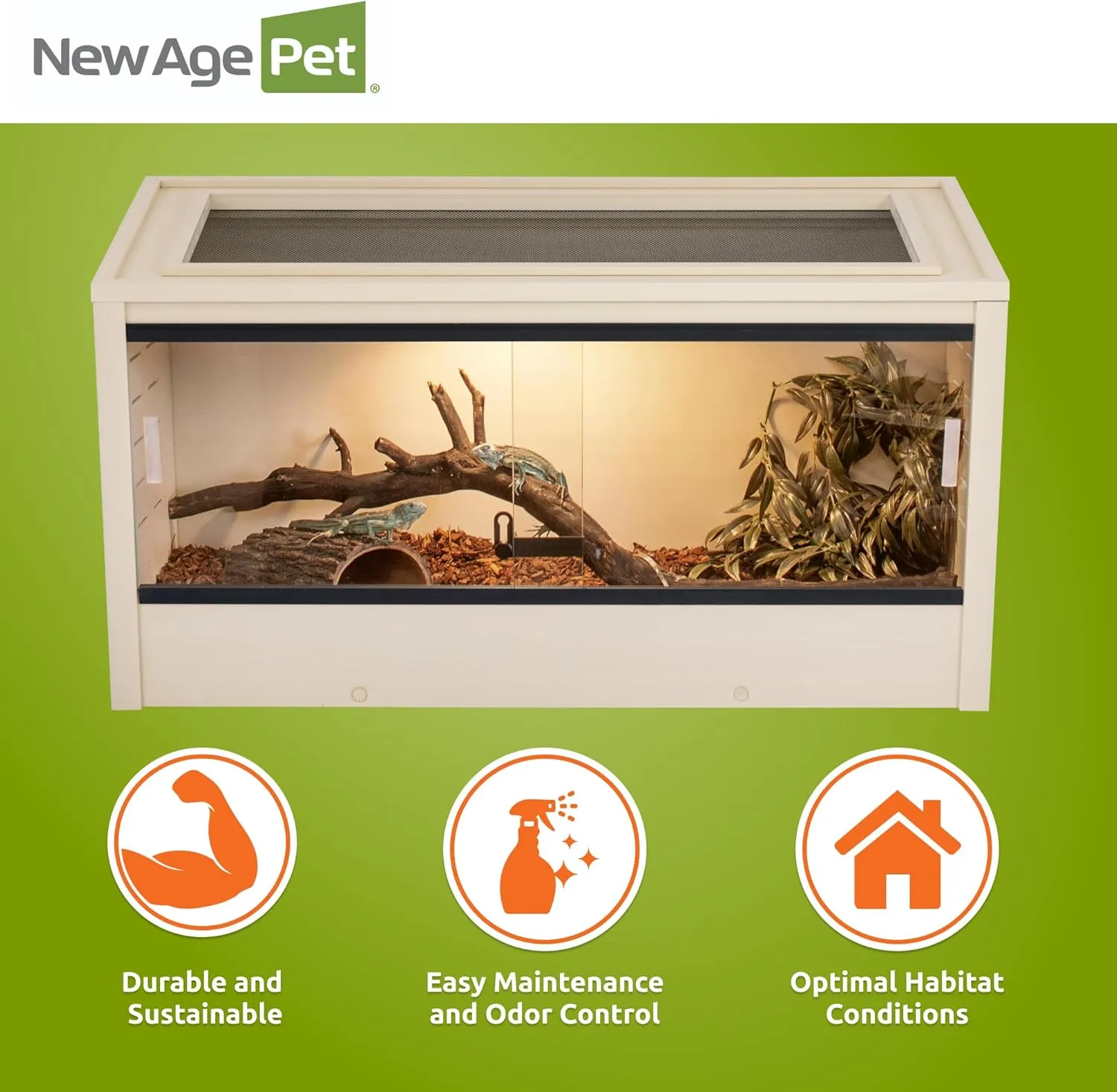 New Age Pet ECOFLEX 36" Mojave Reptile Lounge -Durable Wood Plastic Composite Habitat with Ventilation, Removable Glass Doors & Lock, Easy Assembly, for Tortoises, Snakes, Iguanas, Tan