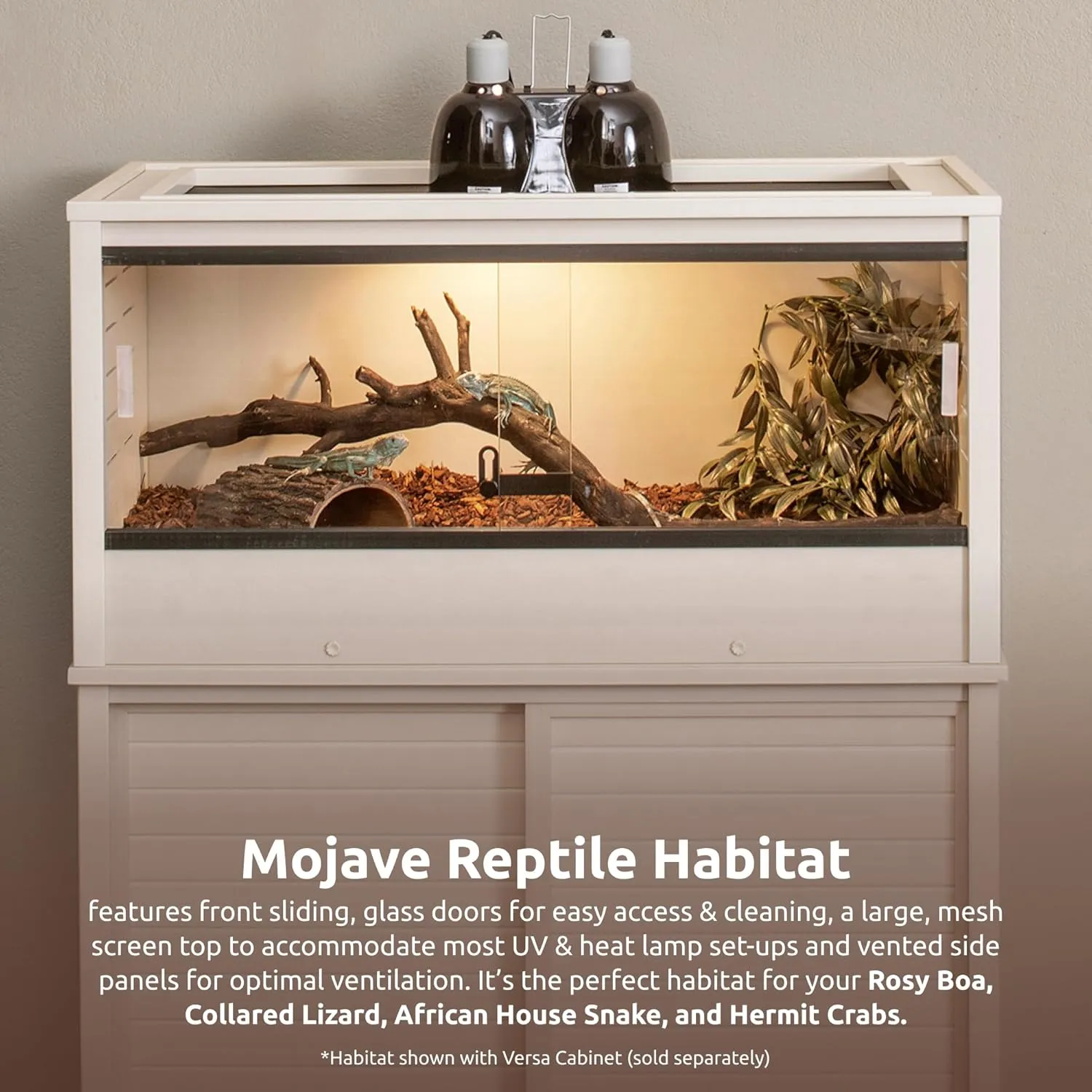 New Age Pet ECOFLEX 36" Mojave Reptile Lounge -Durable Wood Plastic Composite Habitat with Ventilation, Removable Glass Doors & Lock, Easy Assembly, for Tortoises, Snakes, Iguanas, Tan