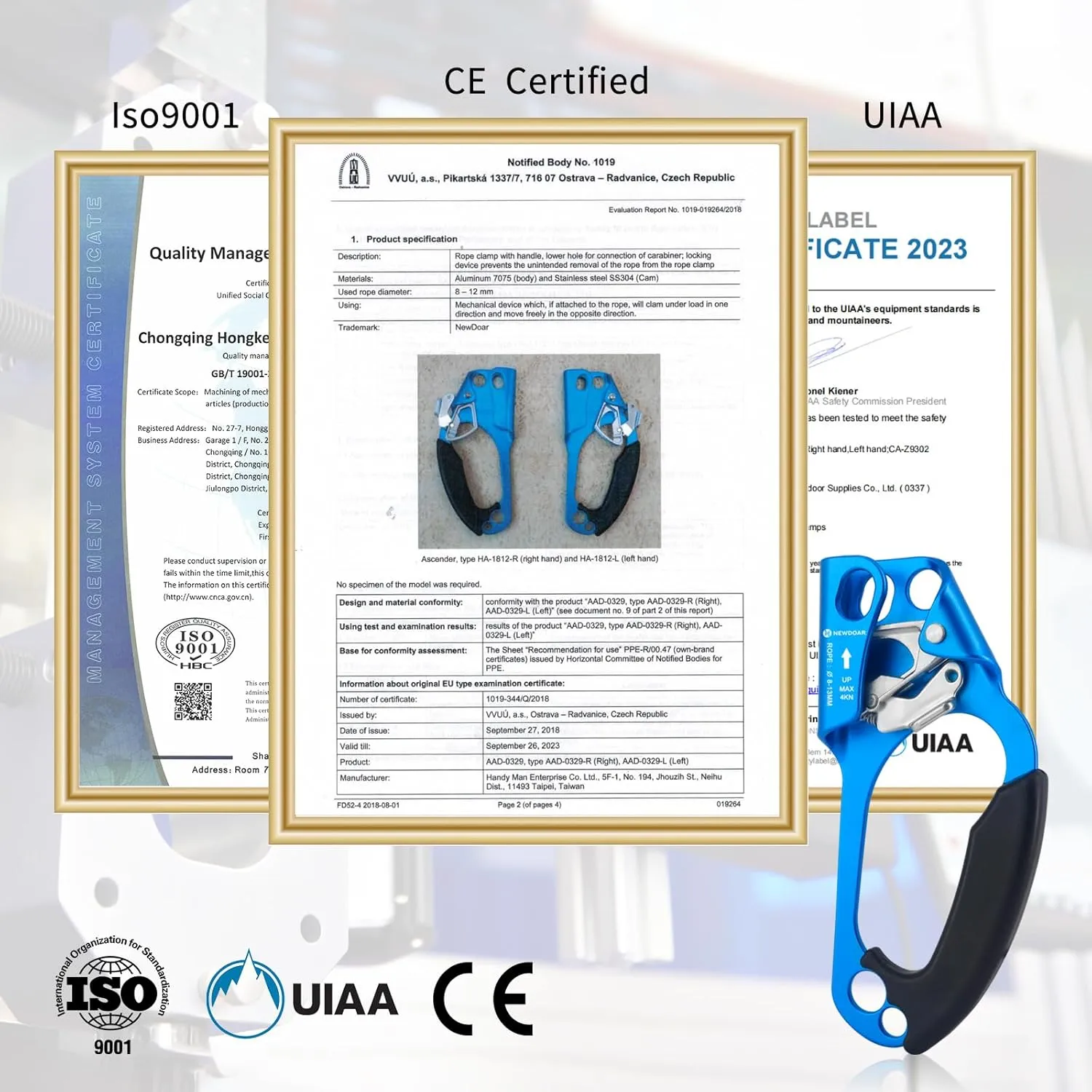 NewDoar UIAA & CE Certified Hand Ascender Rock Climbing Tree Arborist Rappelling Gear Equipment Rope Clamp for 8~13MM Rope
