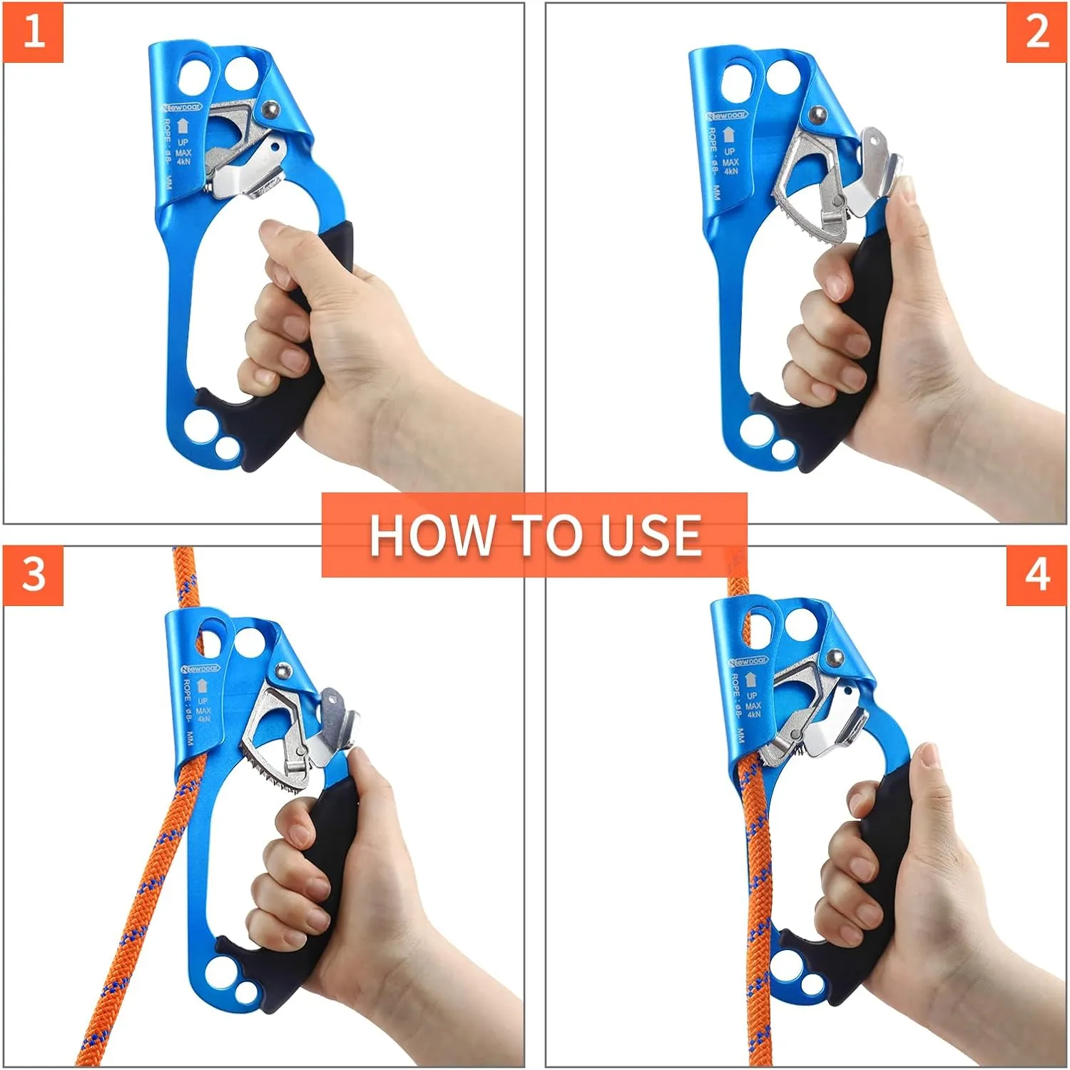 NewDoar UIAA & CE Certified Hand Ascender Rock Climbing Tree Arborist Rappelling Gear Equipment Rope Clamp for 8~13MM Rope