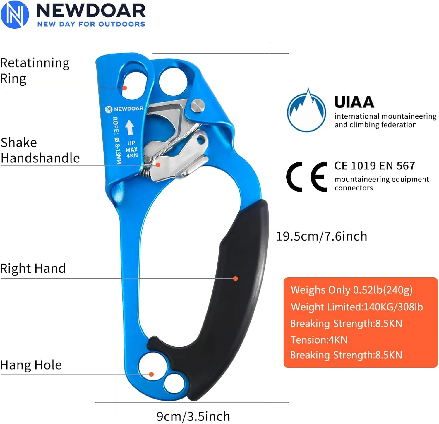 NewDoar UIAA & CE Certified Hand Ascender Rock Climbing Tree Arborist Rappelling Gear Equipment Rope Clamp for 8~13MM Rope