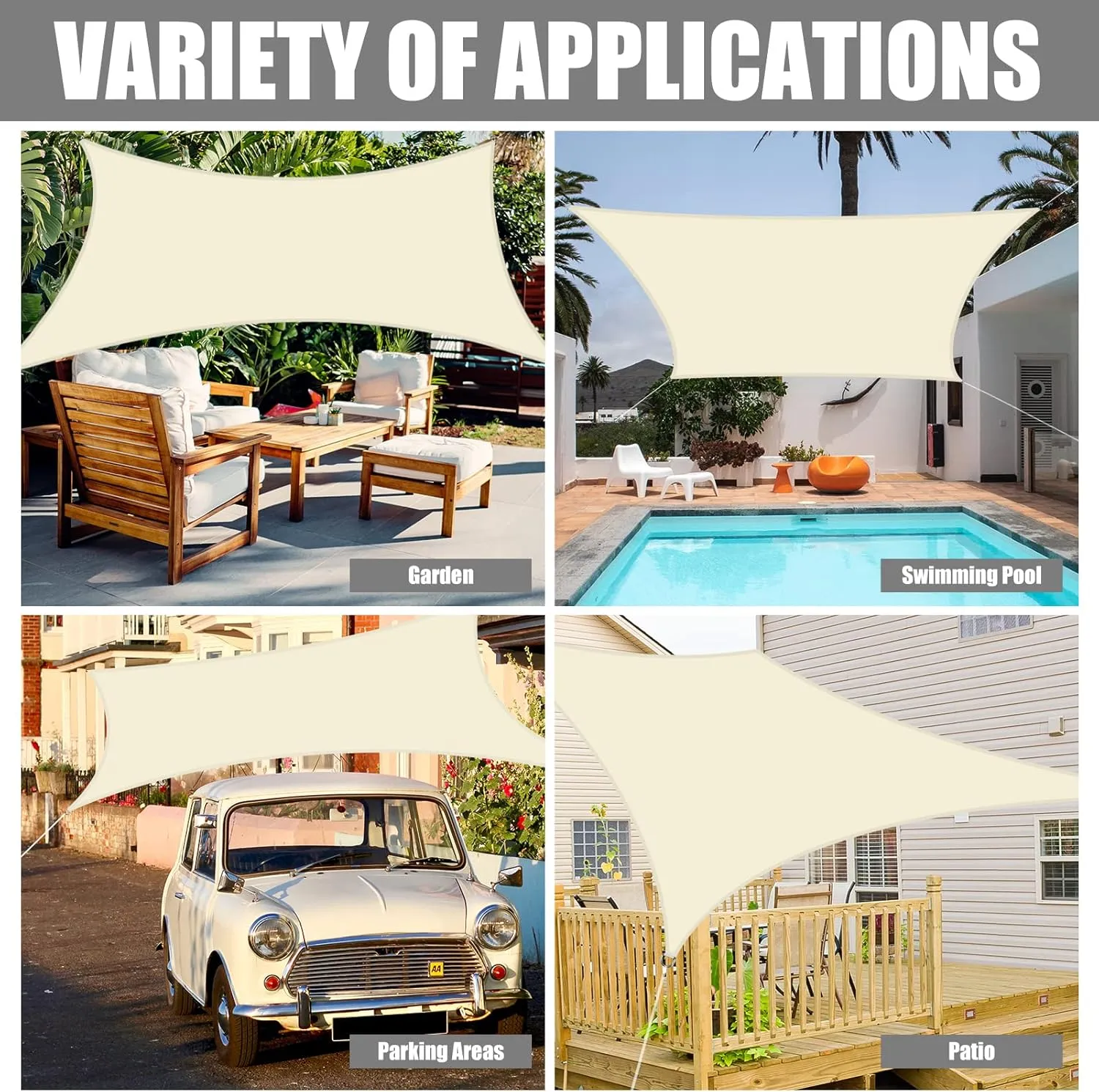 Neween Sun Shade Sail Rectangle Canopy, Waterproof & UV Block Sunshade for Outdoor Patio Lawn Beach Garden Carport Backyard Deck Pergola (13'x16', Beige)