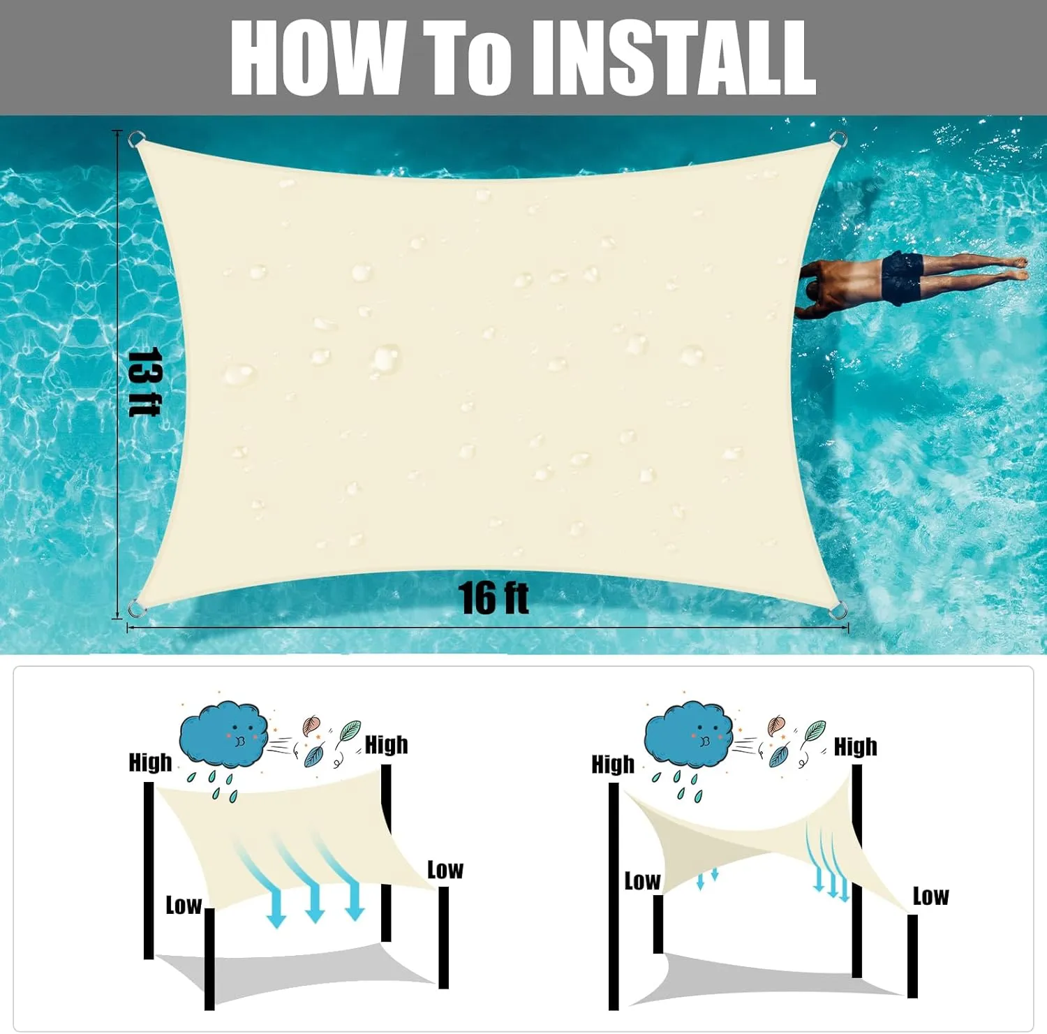 Neween Sun Shade Sail Rectangle Canopy, Waterproof & UV Block Sunshade for Outdoor Patio Lawn Beach Garden Carport Backyard Deck Pergola (13'x16', Beige)