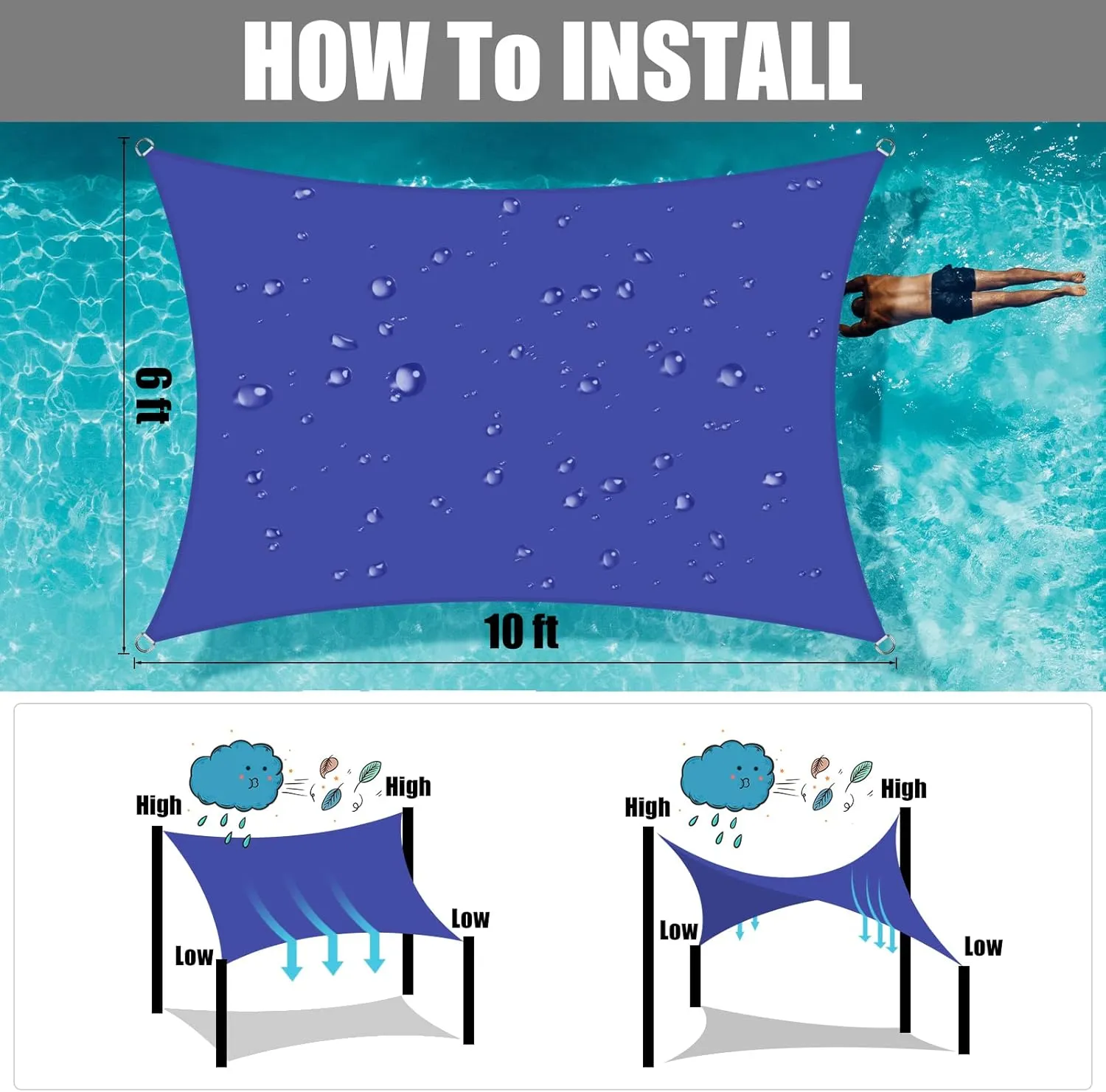 Neween Waterproof Sun Shade Sail Rectangle UV Block Canopy for Outdoor Patio and Garden, Yard Activities (6'x10', Blue)