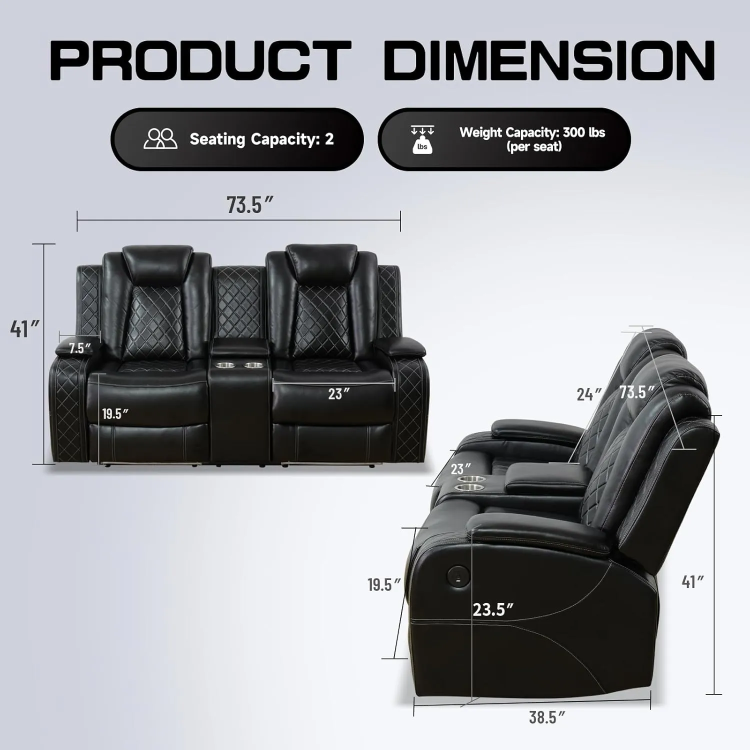 Nicbex PU Leather Power Wall Hugger Chair Double Reclining Sectional Sofa 2-Seater Loveseat Couch with Center Storage Console, USB Port, Cup Holders and Ambient LED Light for Living Room RV Theater