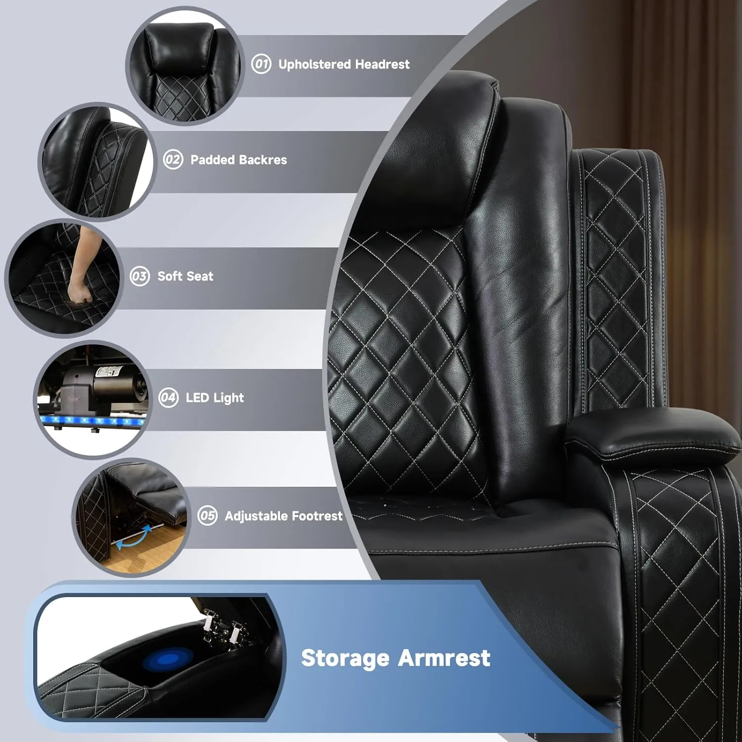 Nicbex PU Leather Power Wall Hugger Chair Double Reclining Sectional Sofa 2-Seater Loveseat Couch with Center Storage Console, USB Port, Cup Holders and Ambient LED Light for Living Room RV Theater