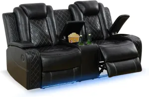 Nicbex PU Leather Power Wall Hugger Chair Double Reclining Sectional Sofa 2-Seater Loveseat Couch with Center Storage Console, USB Port, Cup Holders and Ambient LED Light for Living Room RV Theater