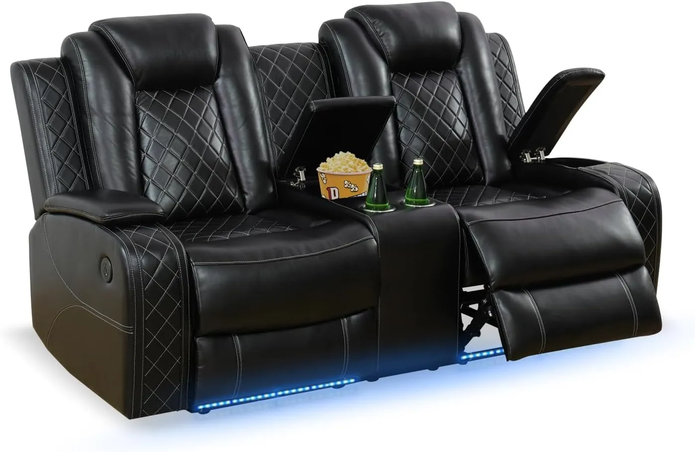 Nicbex PU Leather Power Wall Hugger Chair Double Reclining Sectional Sofa 2-Seater Loveseat Couch with Center Storage Console, USB Port, Cup Holders and Ambient LED Light for Living Room RV Theater