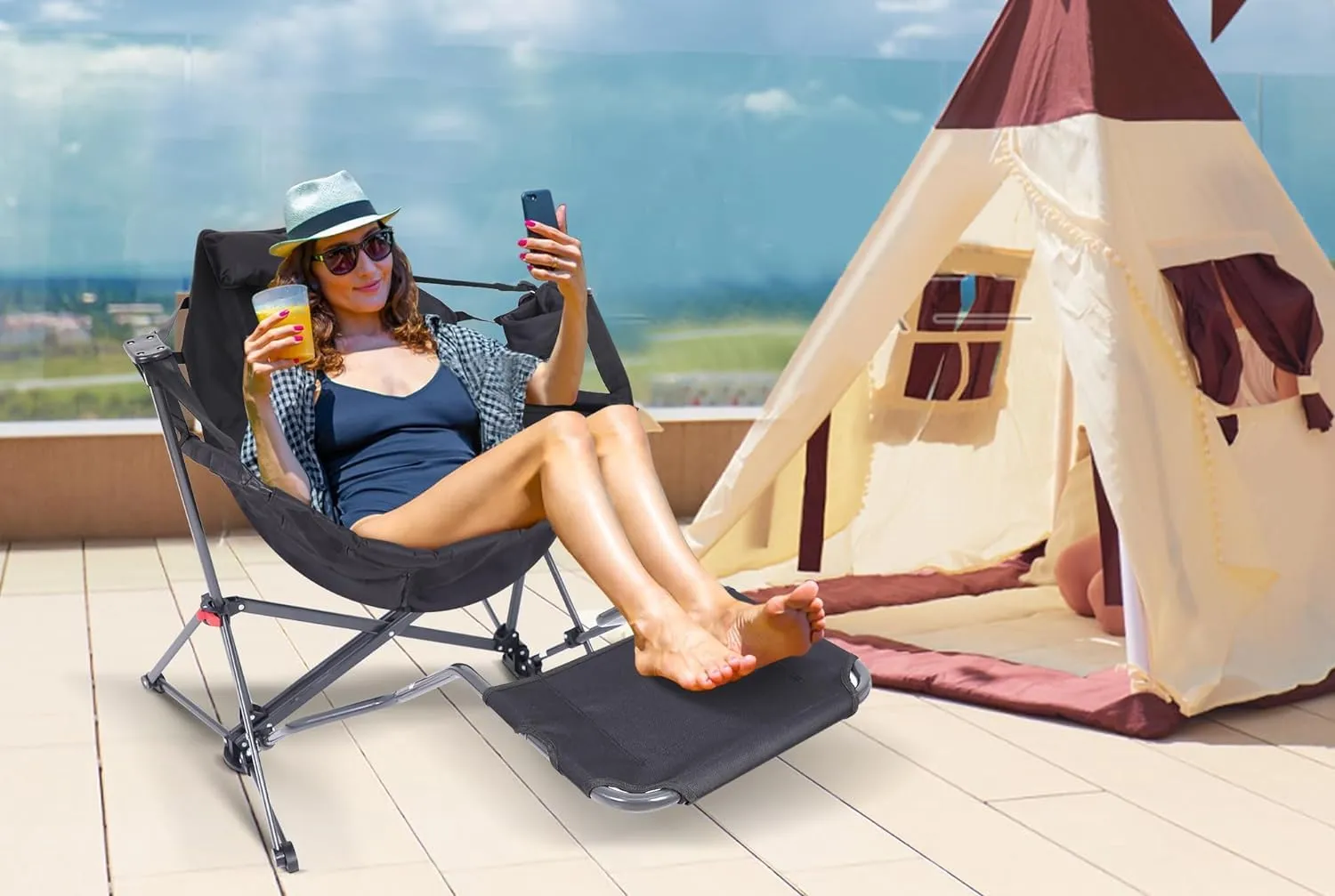 Nice C Hammock Camping Chair, Camping Chair Rocker, Swinging Chair, High Back with Stand, Cup Holder, Side Pocket, Heavy Duty (2, Black w/footrest)