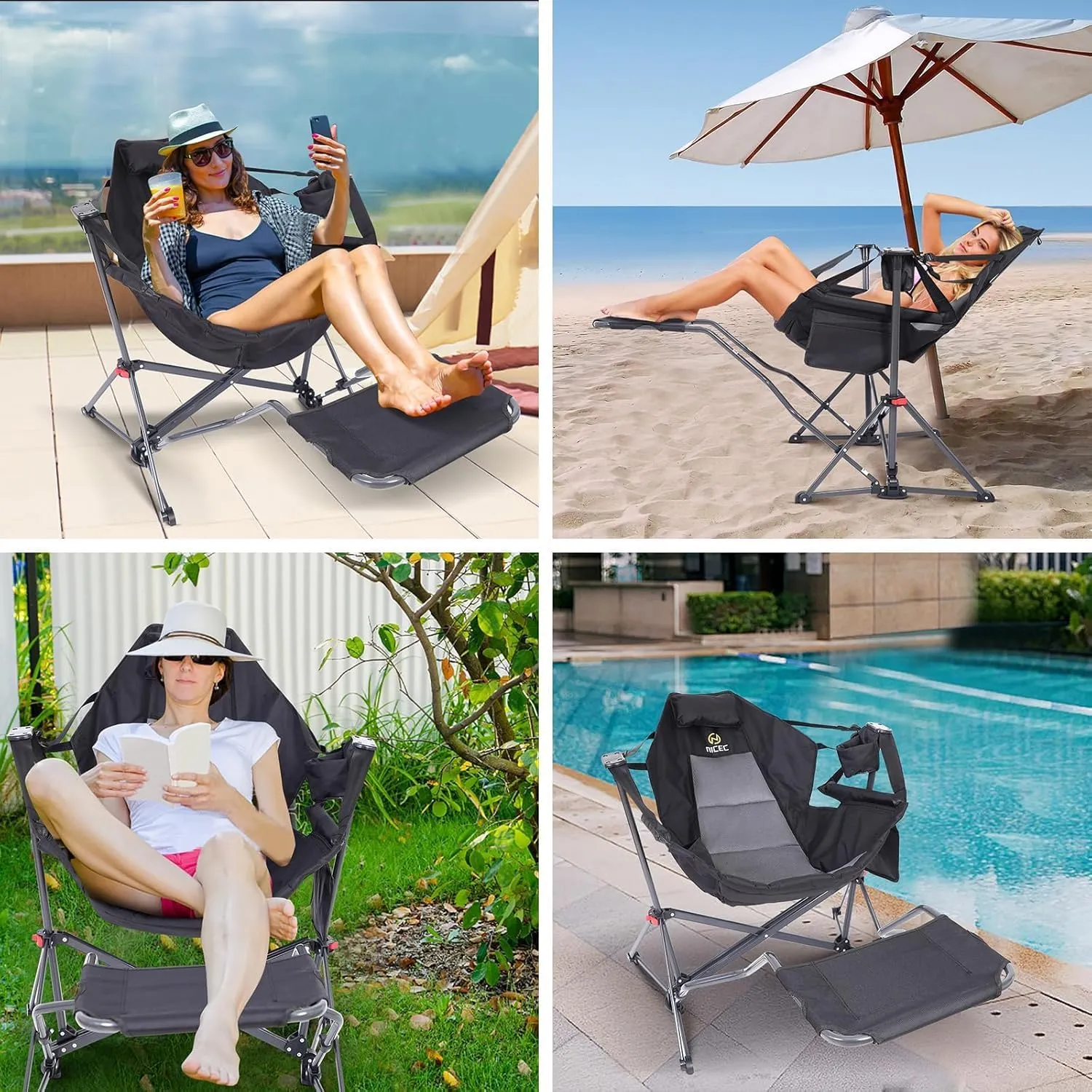Nice C Hammock Camping Chair, Camping Chair Rocker, Swinging Chair, High Back with Stand, Cup Holder, Side Pocket, Heavy Duty (2, Black w/footrest)