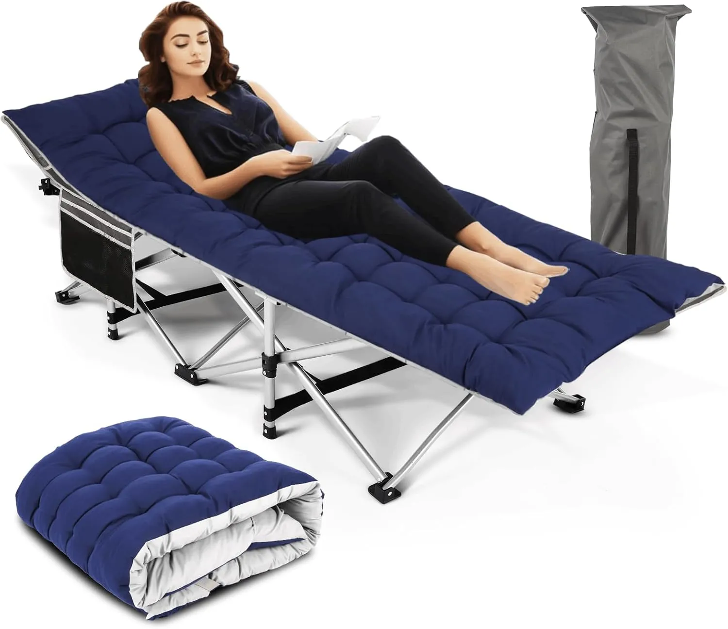 Nictemaw Folding Camping Cot, 900 LBS Heavy Duty Sleeping Cot Portable Camping Cots for Adults Double Layer Oxford with Carry Bag for Home, Office Nap, and Outdoor Beach, Blue