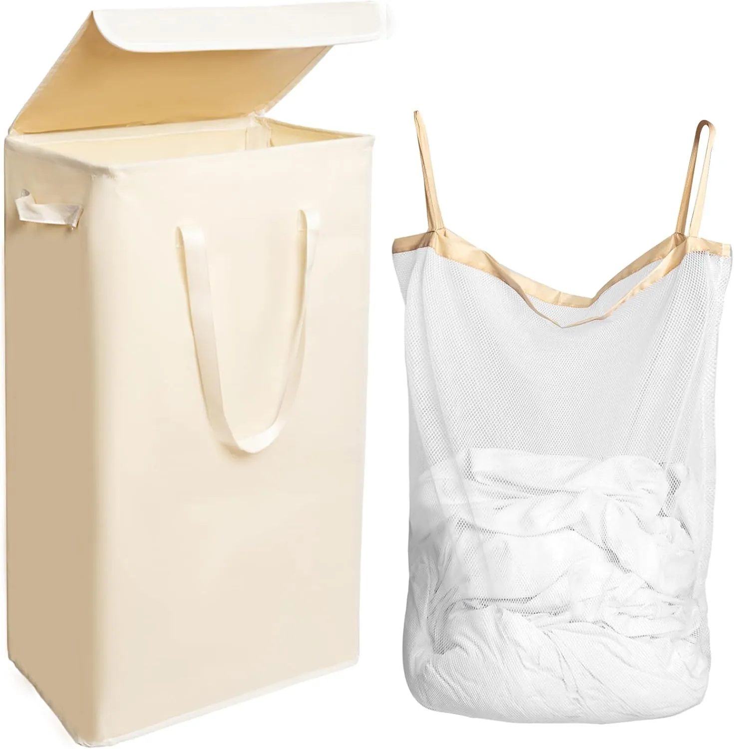 Odonata 75L Slim Laundry Hamper with Lid,Large Foldable Laundry Basket with Removable Bag and Handles Tall Collapsible Dirty Clothes Basket Great for Bedroom, Bathroom, Dorm, College,RV. (Beige, 75L)