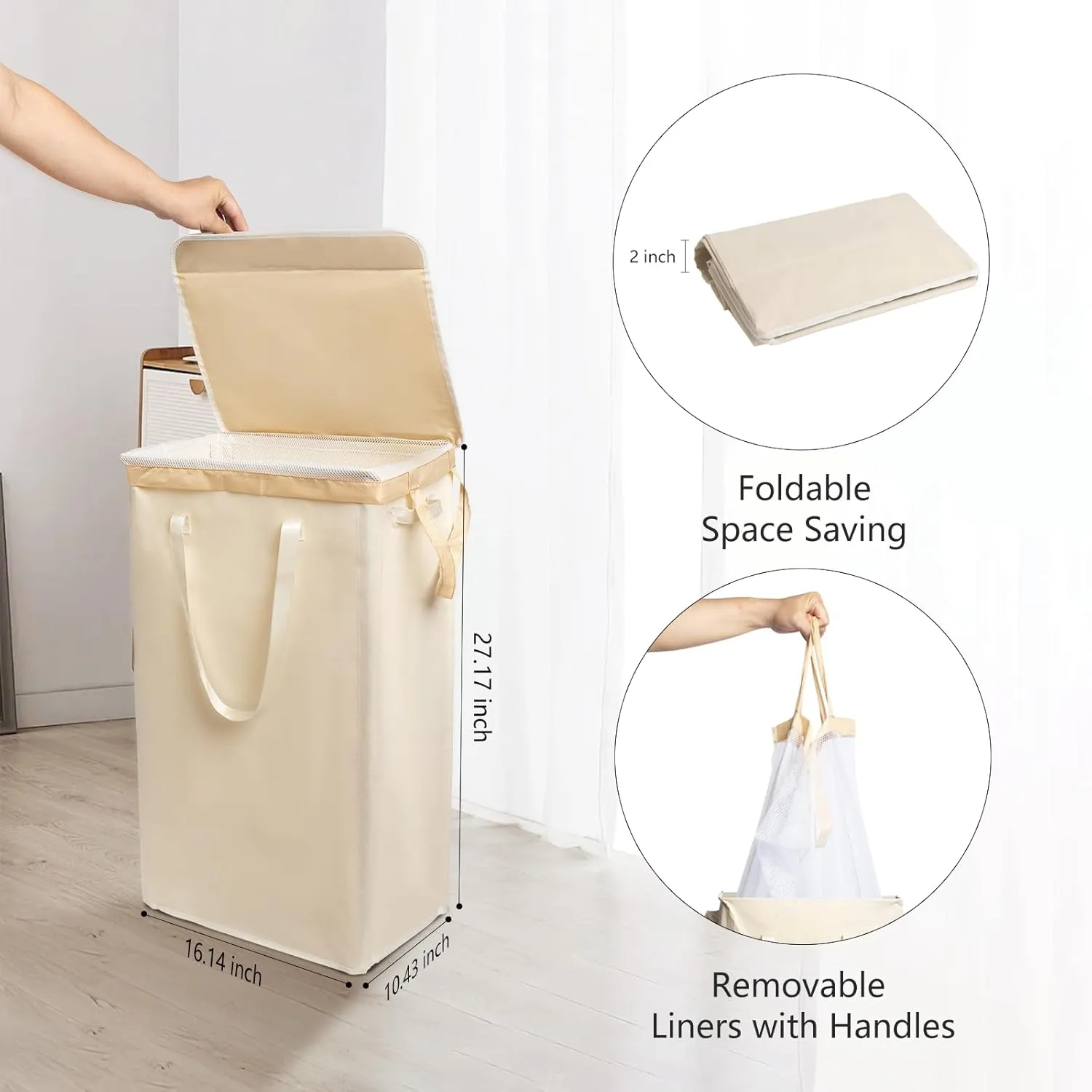 Odonata 75L Slim Laundry Hamper with Lid,Large Foldable Laundry Basket with Removable Bag and Handles Tall Collapsible Dirty Clothes Basket Great for Bedroom, Bathroom, Dorm, College,RV. (Beige, 75L)