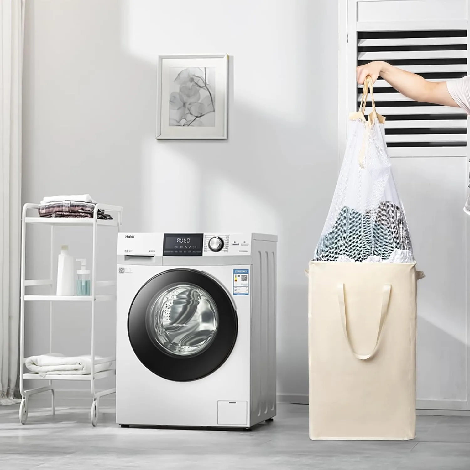Odonata 75L Slim Laundry Hamper with Lid,Large Foldable Laundry Basket with Removable Bag and Handles Tall Collapsible Dirty Clothes Basket Great for Bedroom, Bathroom, Dorm, College,RV. (Beige, 75L)