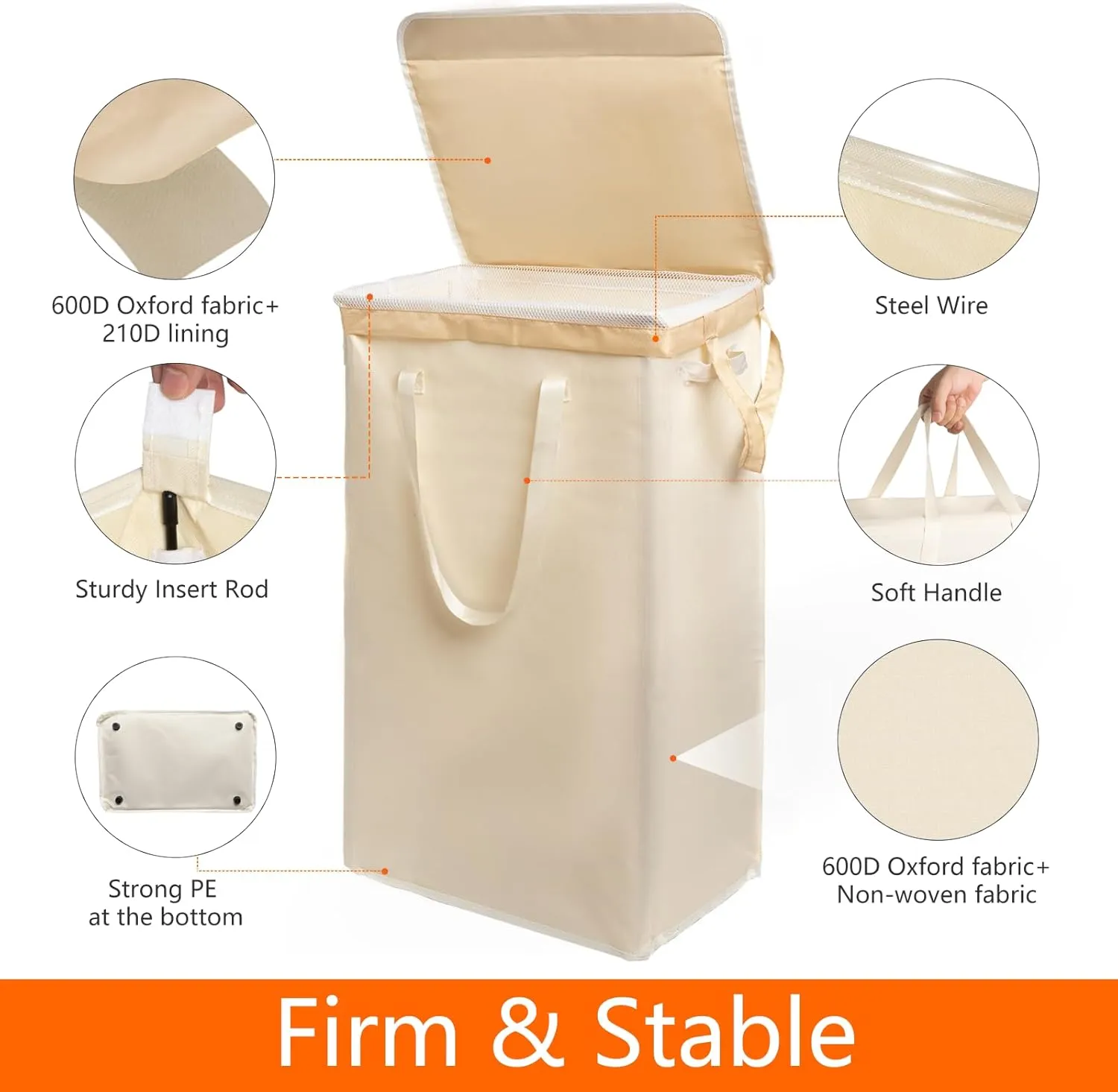 Odonata 75L Slim Laundry Hamper with Lid,Large Foldable Laundry Basket with Removable Bag and Handles Tall Collapsible Dirty Clothes Basket Great for Bedroom, Bathroom, Dorm, College,RV. (Beige, 75L)
