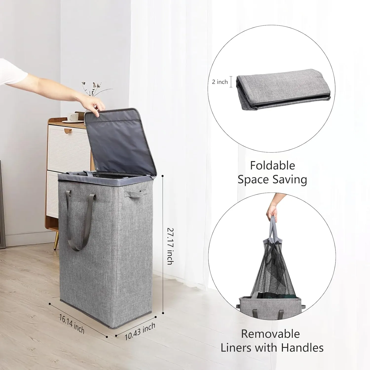 Odonata 75L Slim Laundry Hamper with Lid,Large Foldable Laundry Basket with Removable Bag and Handles Tall Collapsible Dirty Clothes Basket Great for Bedroom, Bathroom, Dorm, College,RV. (Grey, 75L)