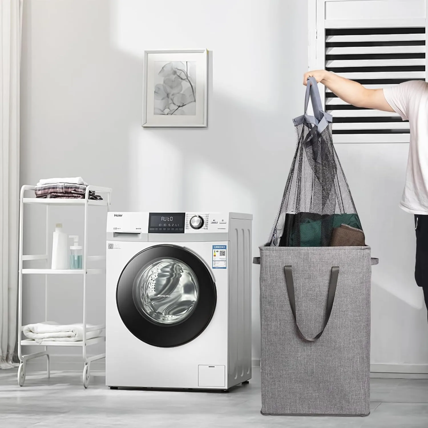 Odonata 75L Slim Laundry Hamper with Lid,Large Foldable Laundry Basket with Removable Bag and Handles Tall Collapsible Dirty Clothes Basket Great for Bedroom, Bathroom, Dorm, College,RV. (Grey, 75L)