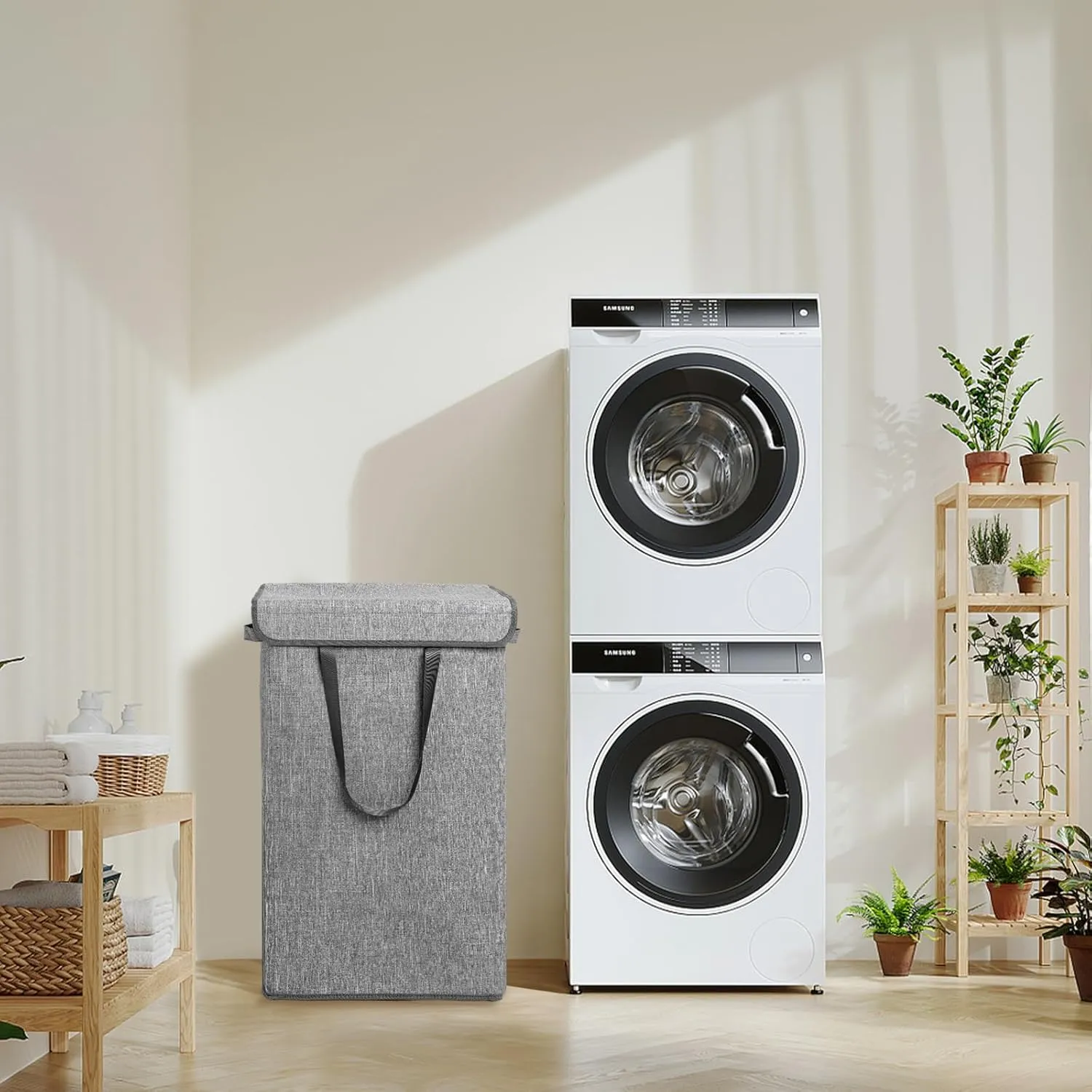 Odonata 75L Slim Laundry Hamper with Lid,Large Foldable Laundry Basket with Removable Bag and Handles Tall Collapsible Dirty Clothes Basket Great for Bedroom, Bathroom, Dorm, College,RV. (Grey, 75L)