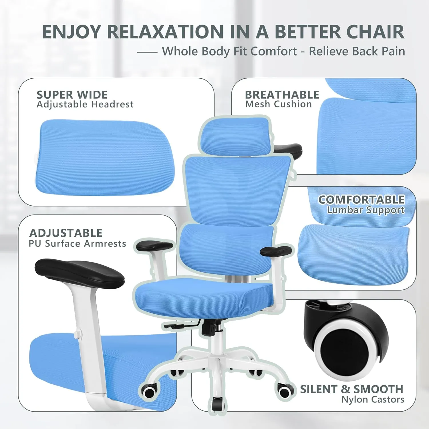 Office Chair Ergonomic Desk Chair, High Back Gaming Chair, Big and Tall Reclining chair Comfy Home Office Desk Chair Lumbar Support Breathable Mesh Computer Chair Adjustable Armrests(Sky Blue)