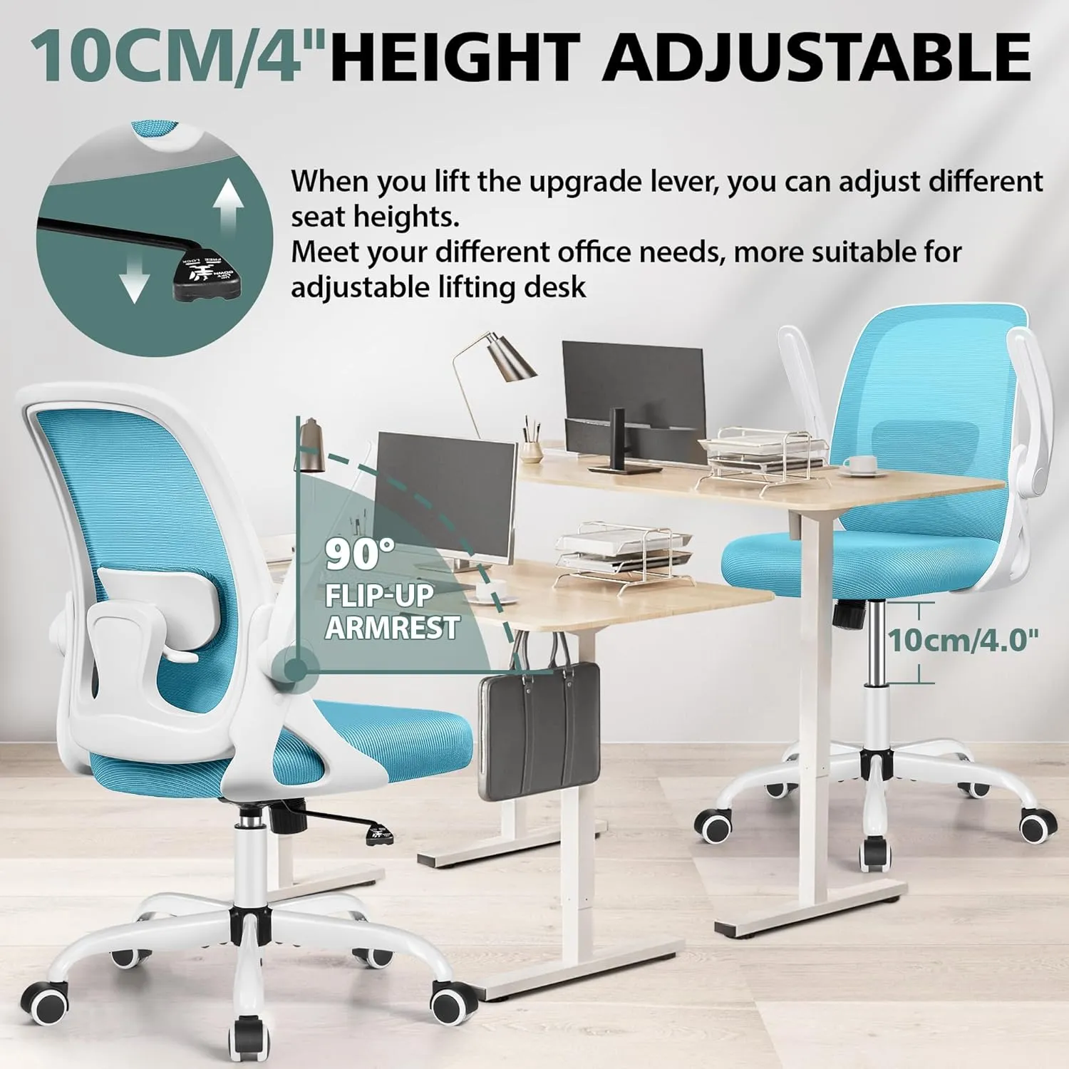 Office Chair Ergonomic Desk Chairs with Lumbar Support and Flip-up Arms, Comfortable Breathable Mesh Computer Executive Chair with Swivel Task, Adjustable Height 4'', Home, Bedroom - Blue