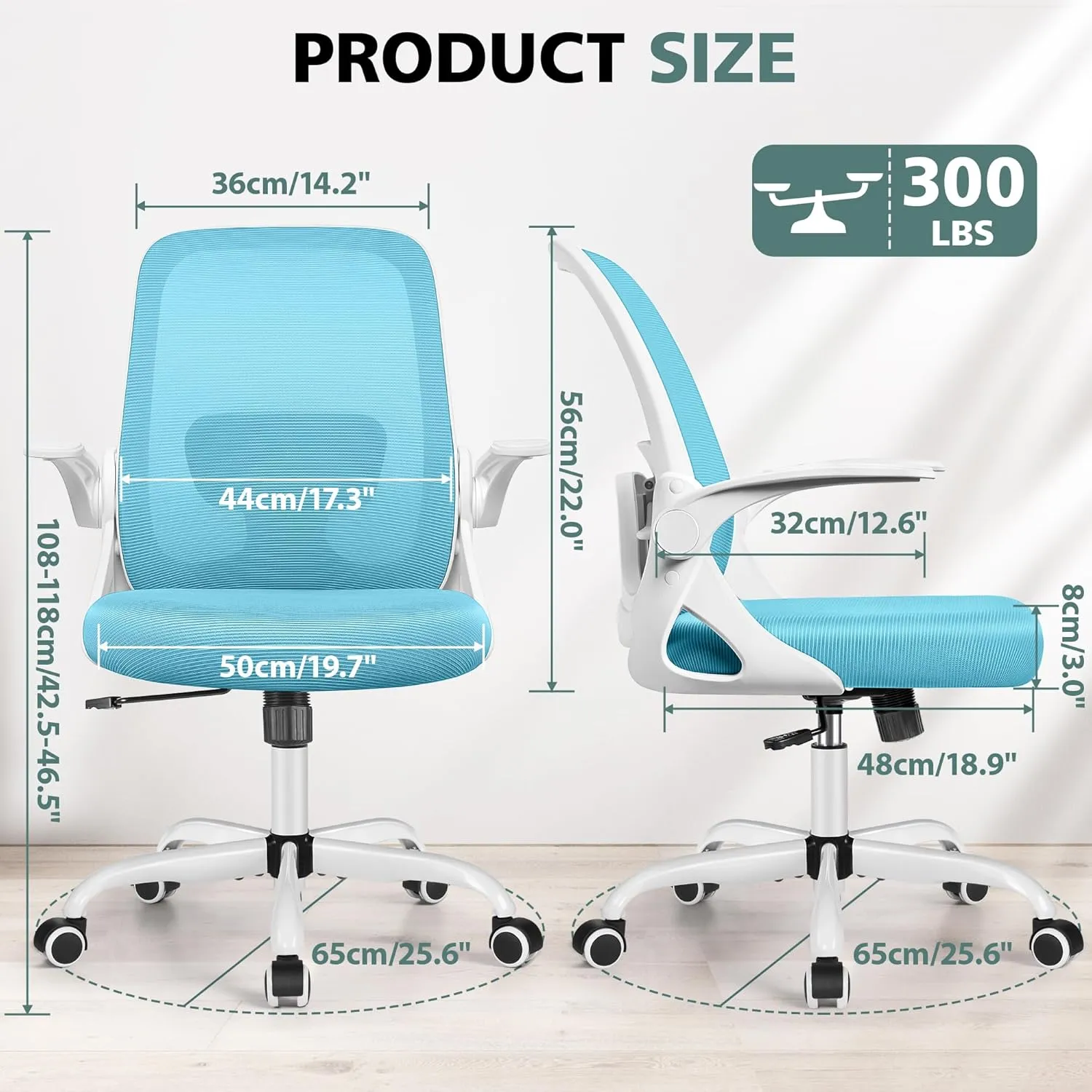 Office Chair Ergonomic Desk Chairs with Lumbar Support and Flip-up Arms, Comfortable Breathable Mesh Computer Executive Chair with Swivel Task, Adjustable Height 4'', Home, Bedroom - Blue
